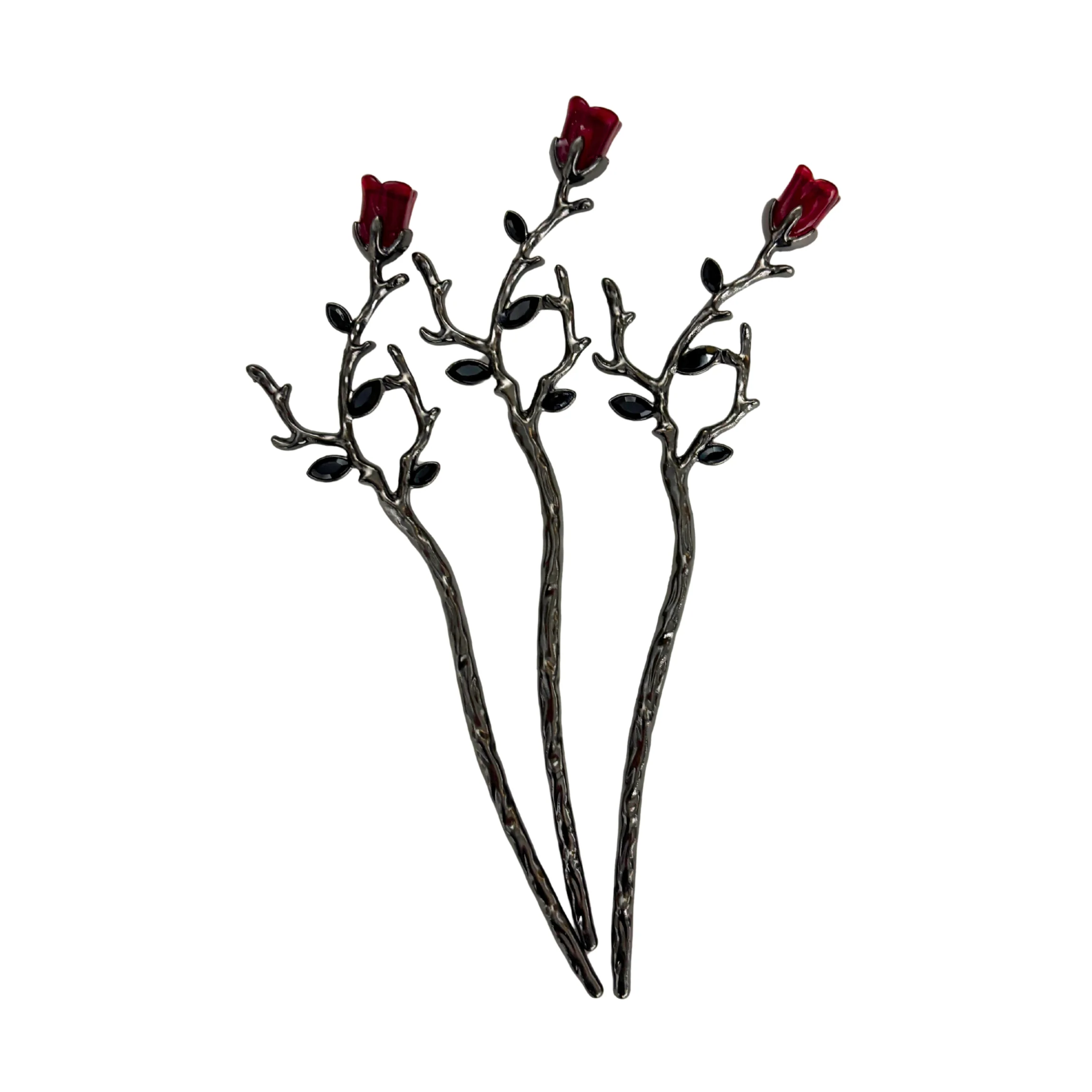 Gothic Rose Hair Stick | Dark Metal Bun Pin with Red Rose & Black Gems - Image 9