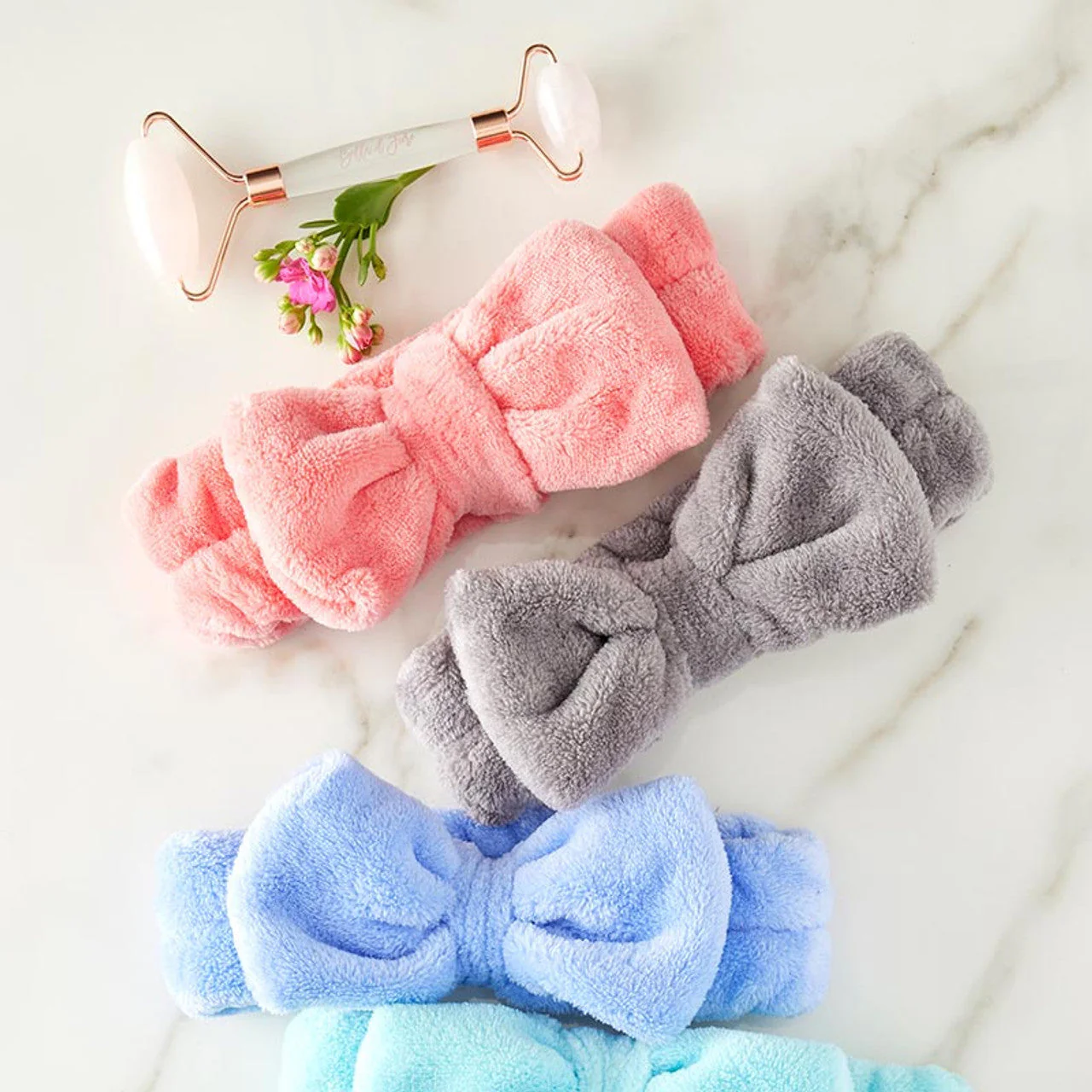 Gray Plush Bow Spa Headband | Soft Hair Band for Skincare Facial After Shower - Image 3