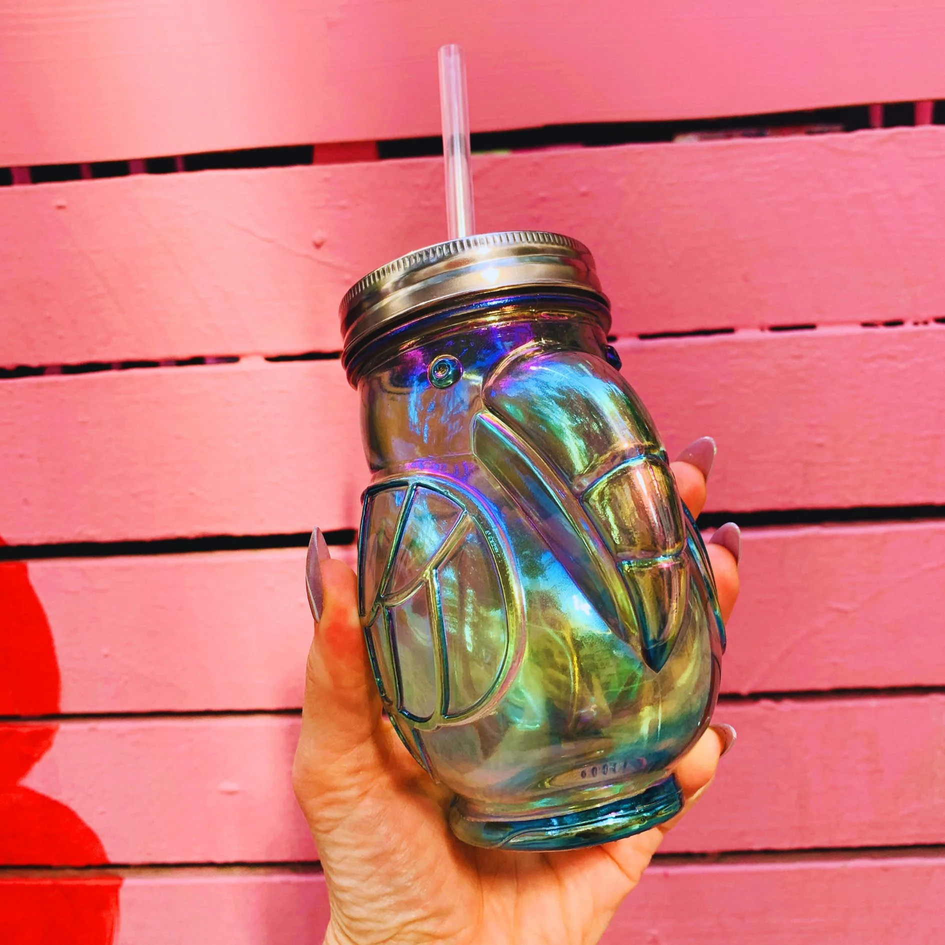 Green Toucan Shaped Sipper | Iridescent Glass| Wine or Cocktail Glass with Straw for Indoors or Outdoors - Image 3