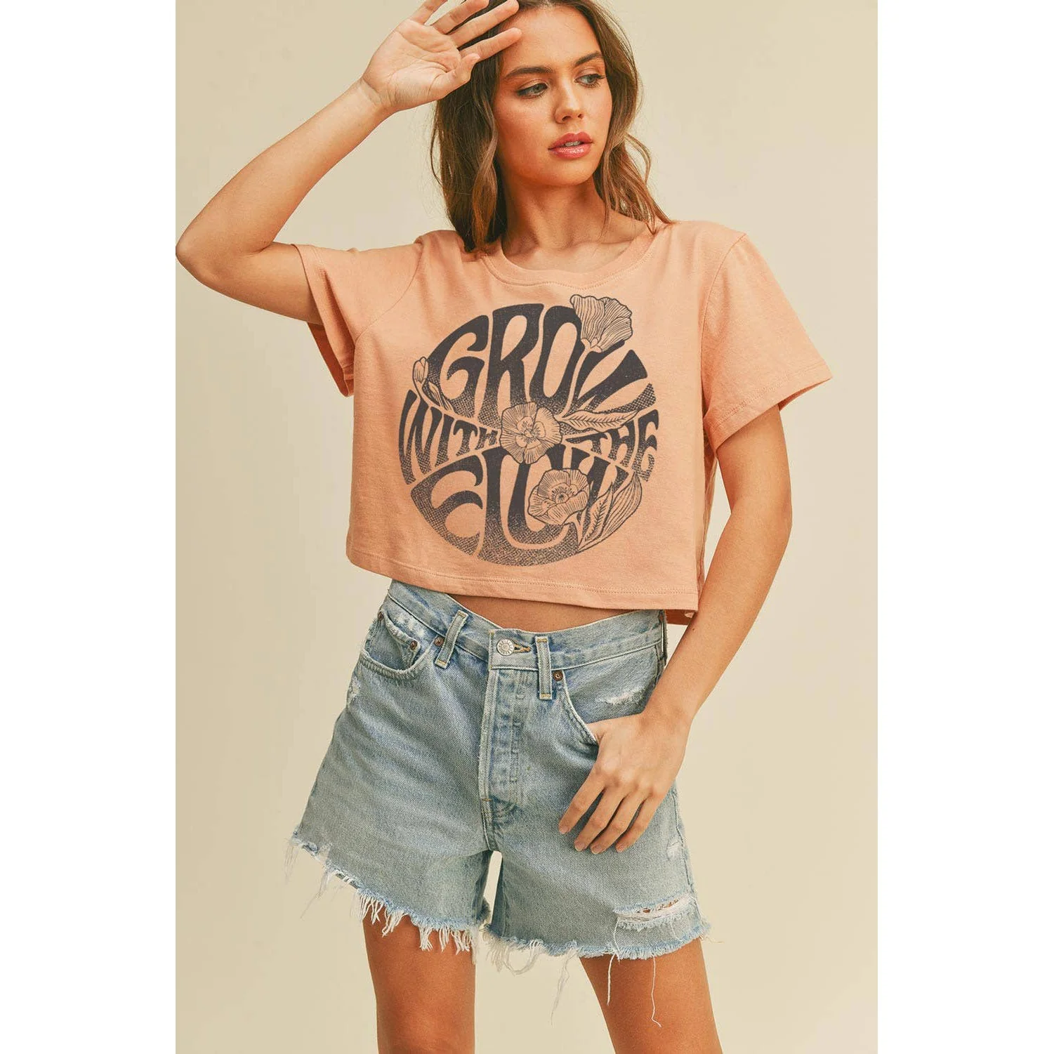Grow With the Flow Graphic Tee Crop Top with Trippy '70s Floral Motif [S-L] - Image 3