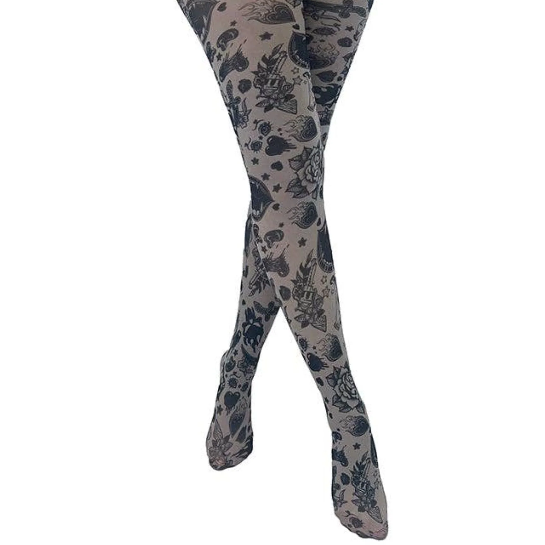 Grunge and Roses Printed Tights in Gray [Sizes Through US 14] - Image 2