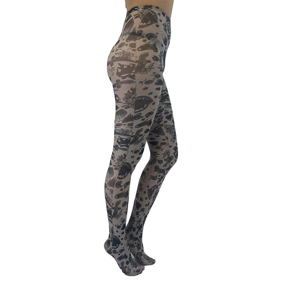 Grunge and Roses Printed Tights in Gray [Sizes Through US 14] - Image 4