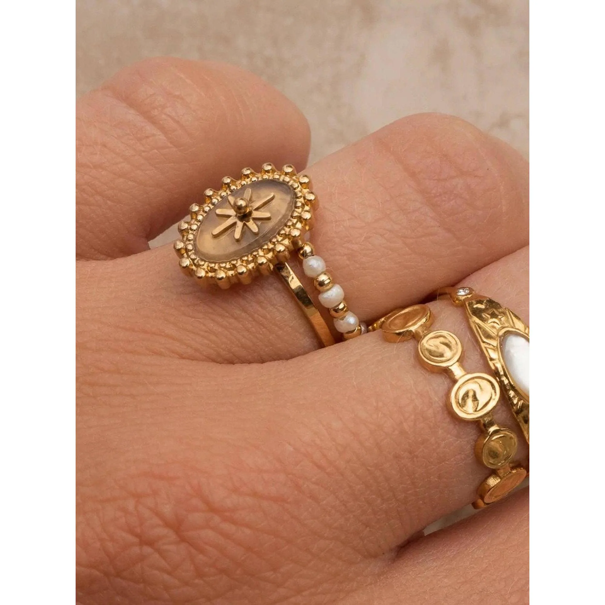 Gypsy Rose 14K Gold Adjustable Round Stone Ring | Gold Plated Stainless Steel Statement Ring, Nickel-Safe - Image 2