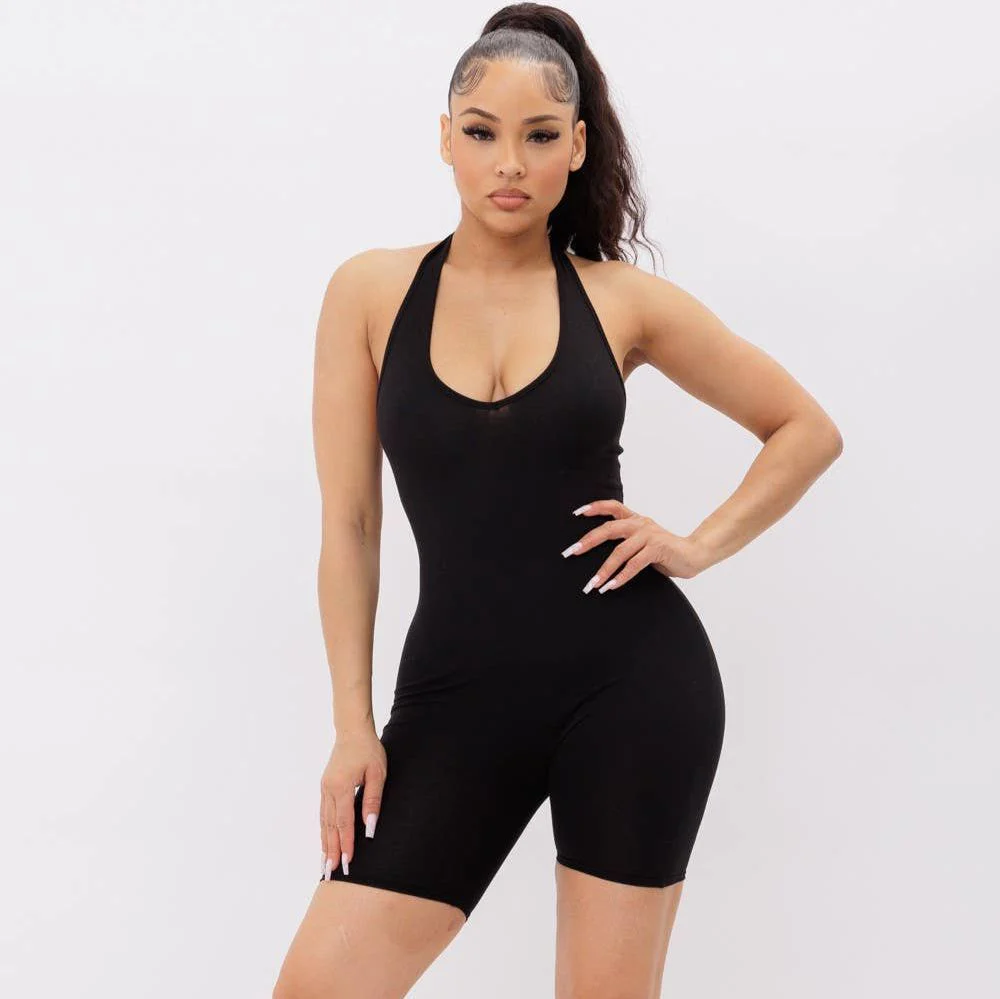 Halter Neck No Sleeve Solid Biker Short Romper | Sleeveless Backless One-piece Bodysuit Active Wear [Available in Sizes SM-L] - Image 3