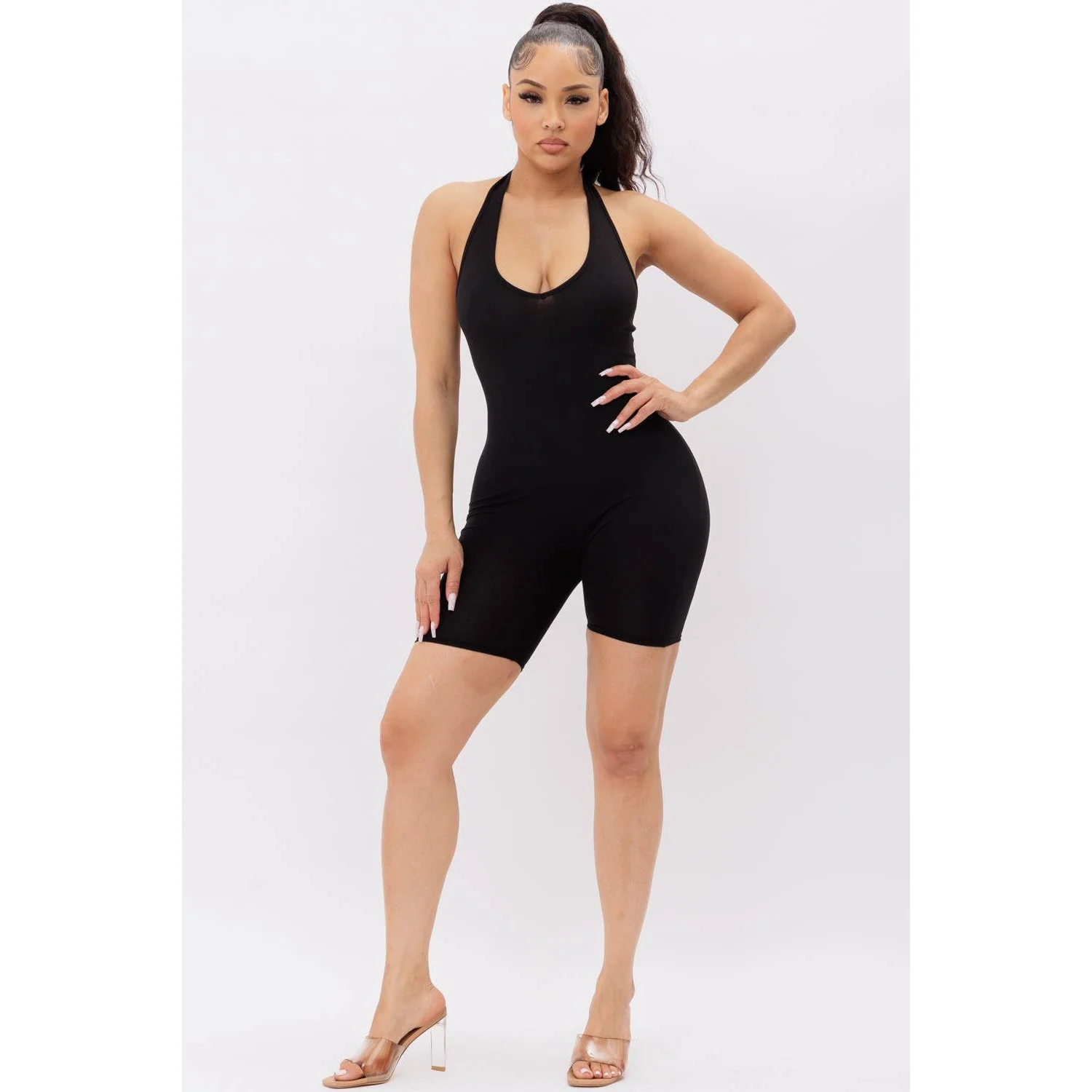 Halter Neck No Sleeve Solid Biker Short Romper | Sleeveless Backless One-piece Bodysuit Active Wear [Available in Sizes SM-L] - Image 4