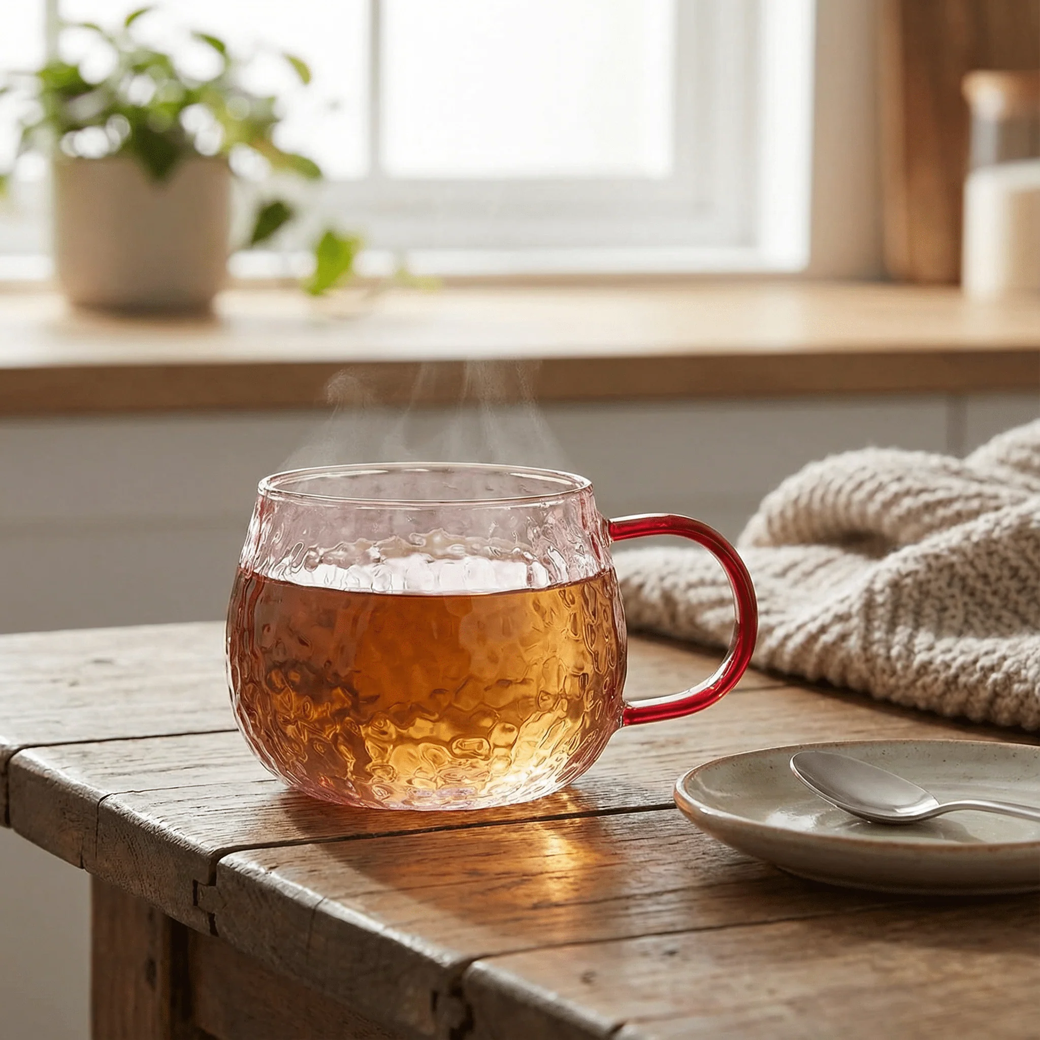 Hammered Glass Mug in Pink | Holiday Coffee & Cocoa Cup | 12oz - Image 4