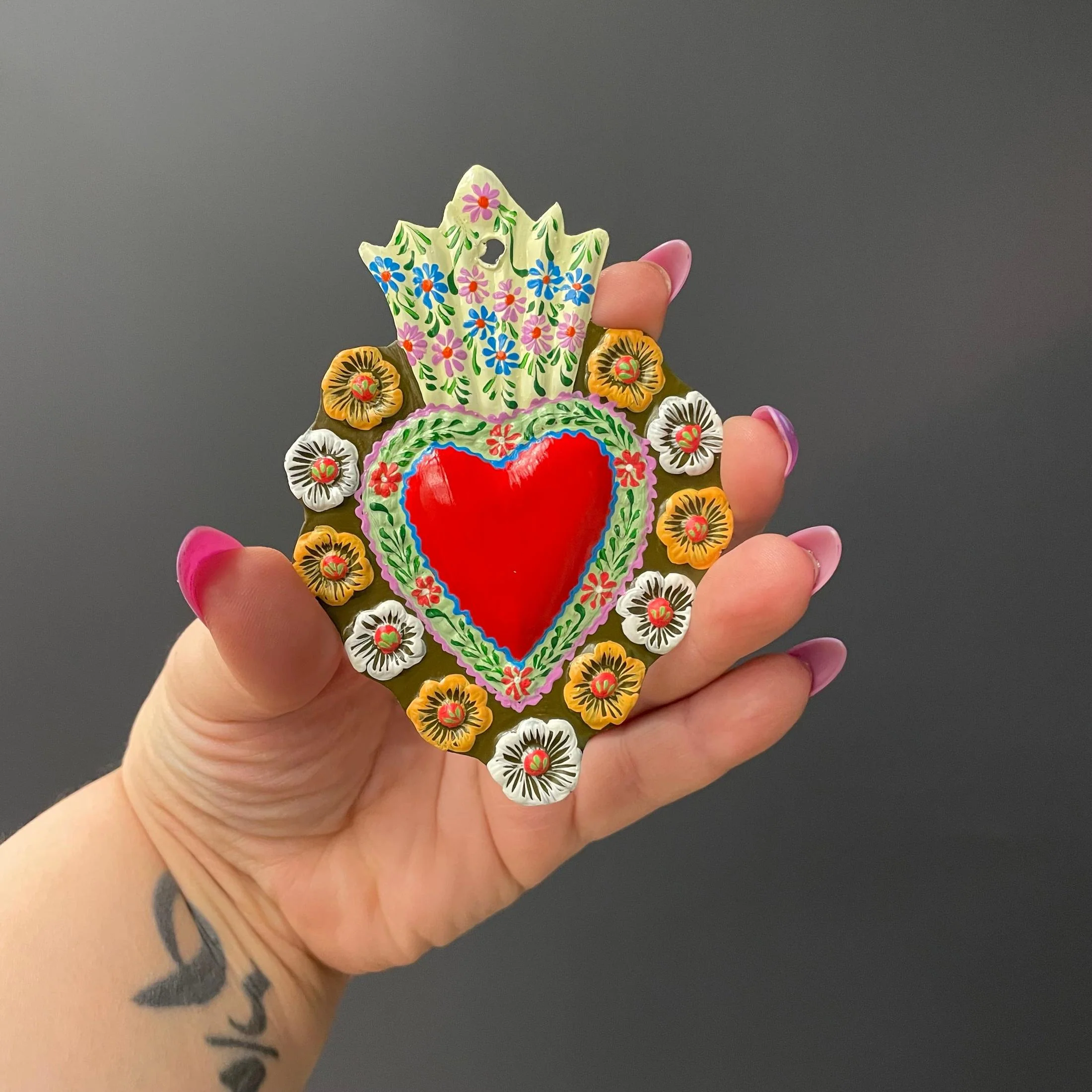 Small Red Tin Heart | Hand-Painted in Peru | Assorted Border Pattern Charm Accessory - Image 7