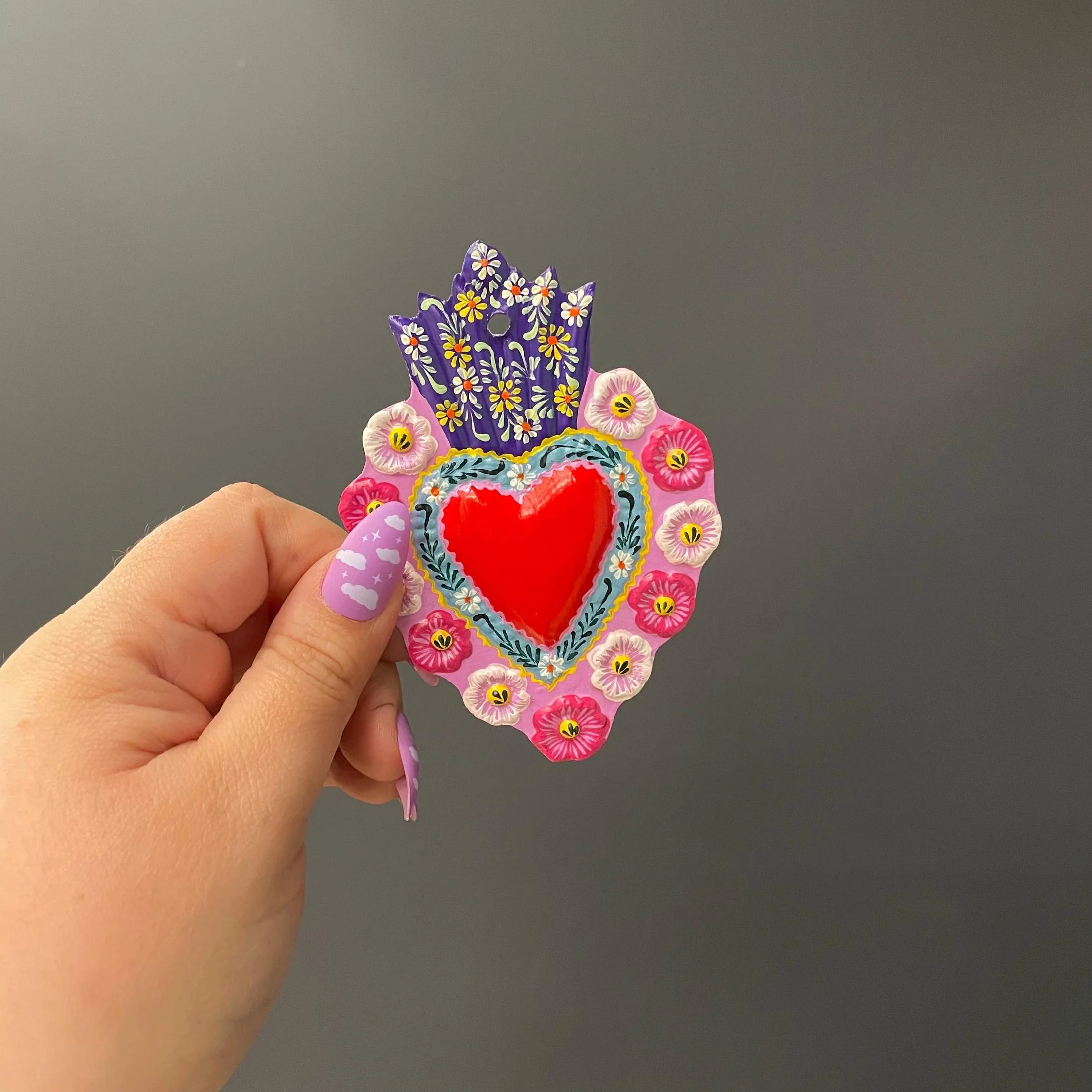 Small Red Tin Heart | Hand-Painted in Peru | Assorted Border Pattern Charm Accessory - Image 9