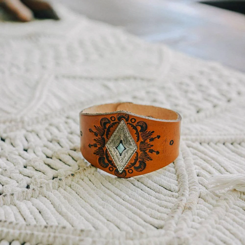 Handcrafted Diamond Piece Leather Cuff Bracelet | Boho Chic Fashion Jewelry | Snap Closure One-size - Image 2