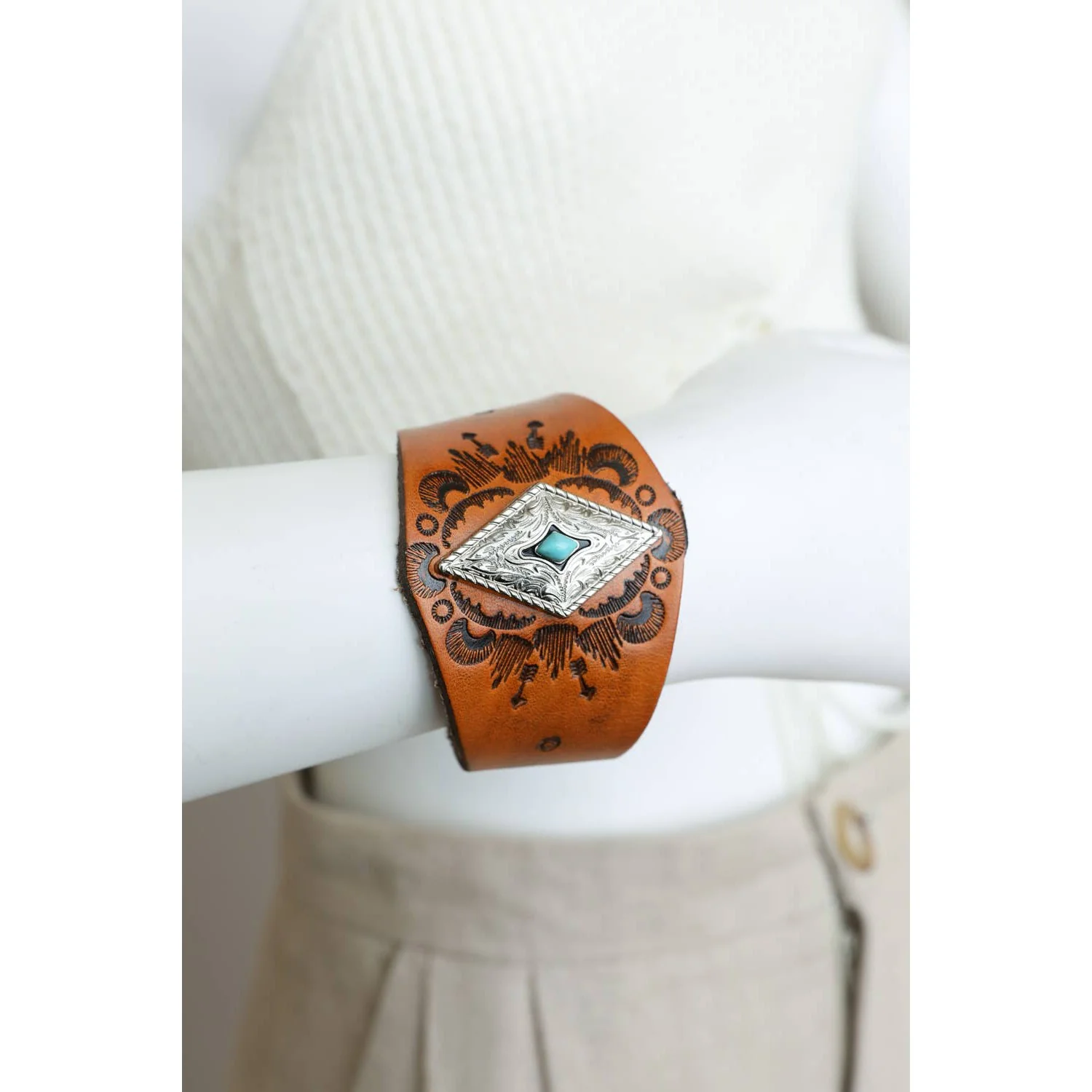 Handcrafted Diamond Piece Leather Cuff Bracelet | Boho Chic Fashion Jewelry | Snap Closure One-size - Image 3
