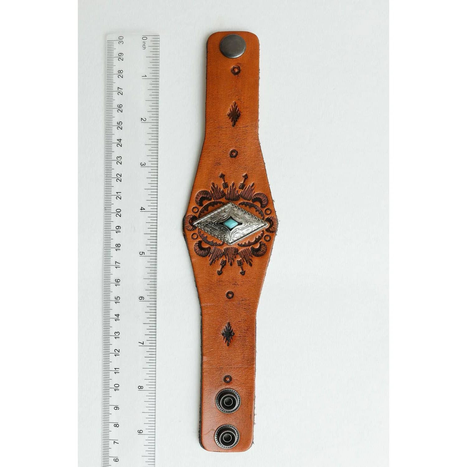 Handcrafted Diamond Piece Leather Cuff Bracelet | Boho Chic Fashion Jewelry | Snap Closure One-size - Image 4