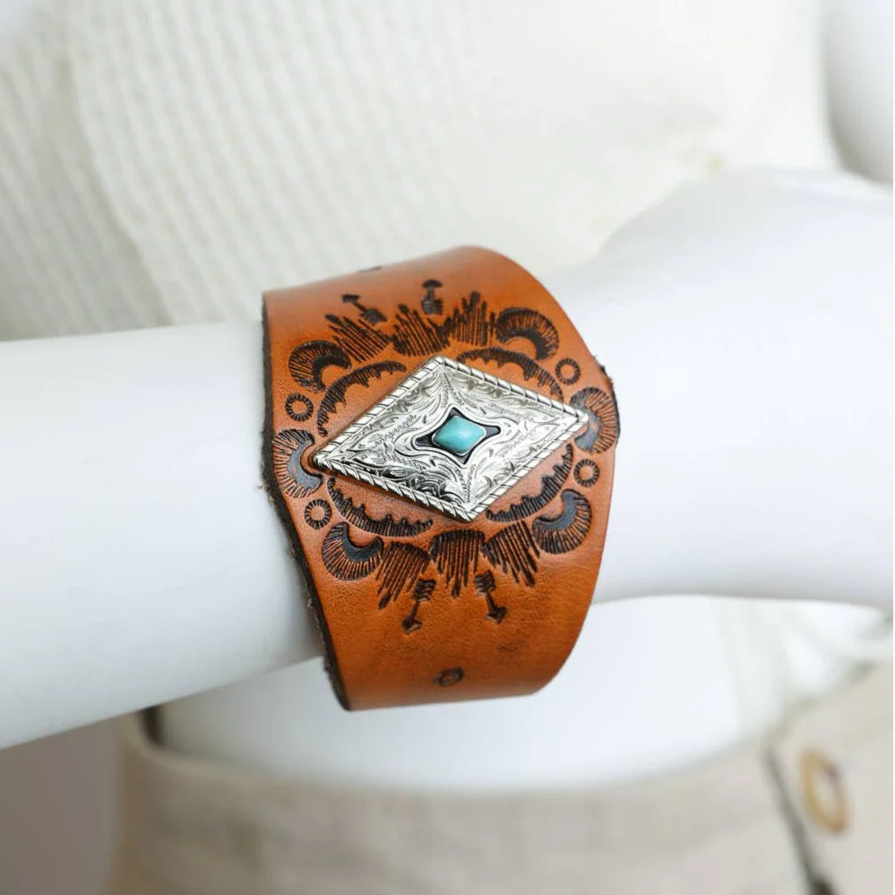 Handcrafted Diamond Piece Leather Cuff Bracelet | Boho Chic Fashion Jewelry | Snap Closure One-size - Image 5