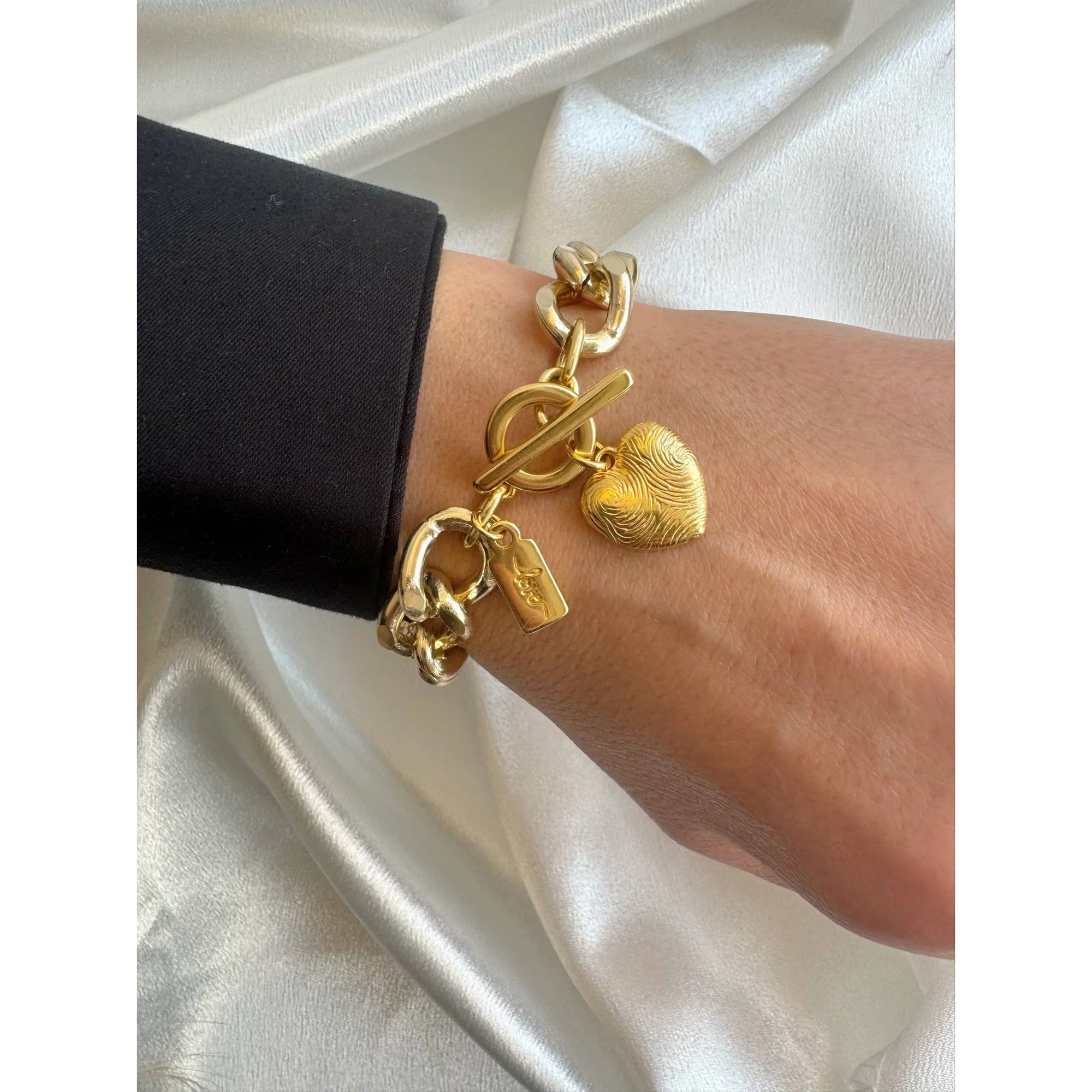 Etched Fingerprint Gold Chunky Chain Bracelet with Heart Charm | Handmade in Athens, Greece - Image 2