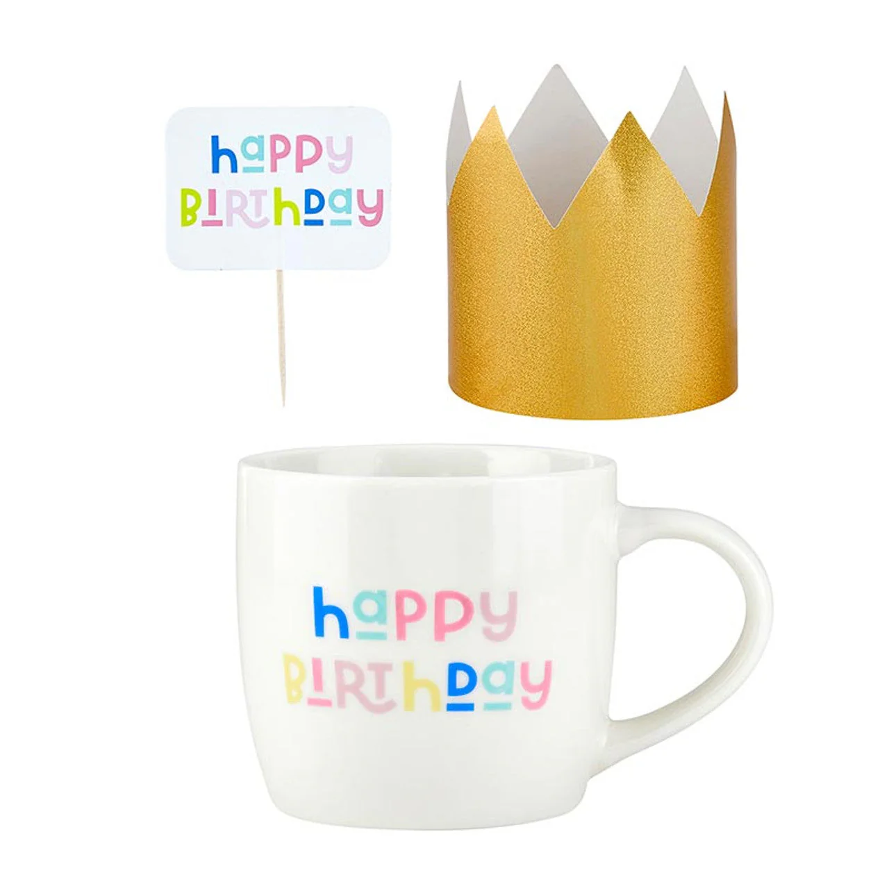 3 Piece Happy Birthday Mug Cake Gift Set | Coffee Mug Mini Crown Cupcake Topper - Image 3