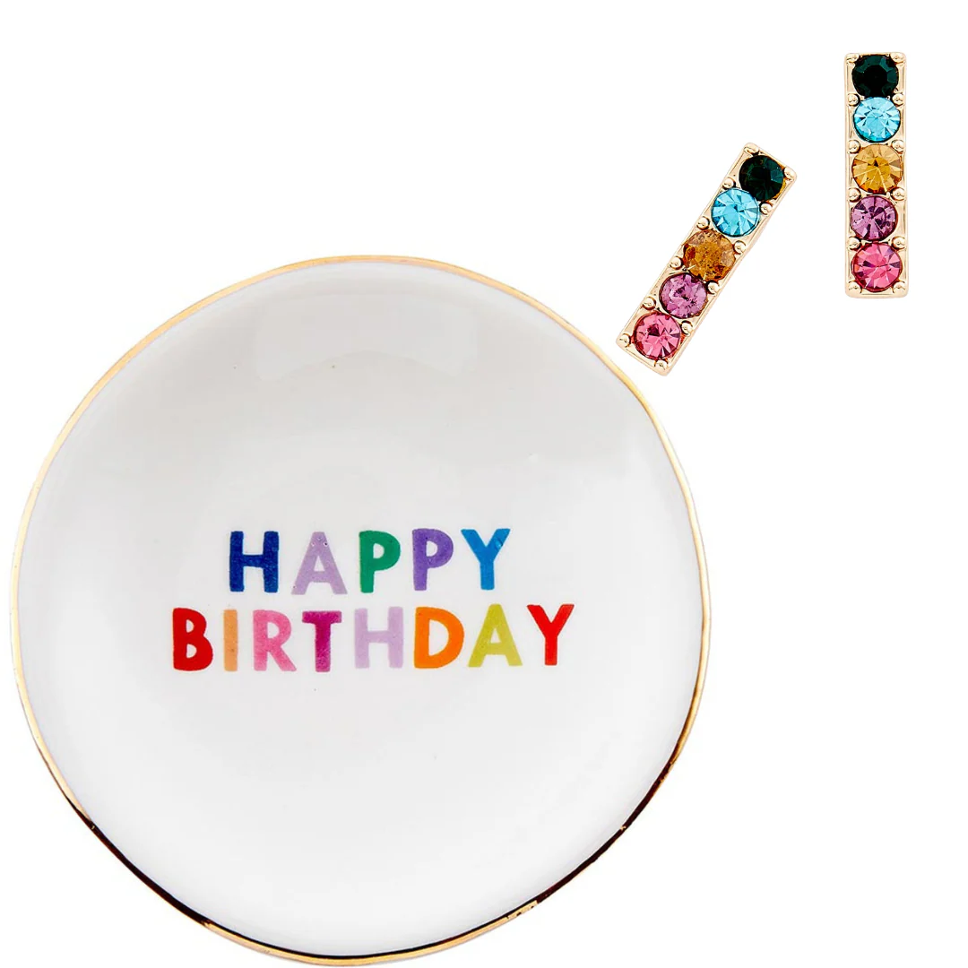 Happy Birthday Trinket Tray & Earring Set | Ceramic Dish Tray and Jewelry Gem Stones Earring Gift Set | Gift for Her - Image 6