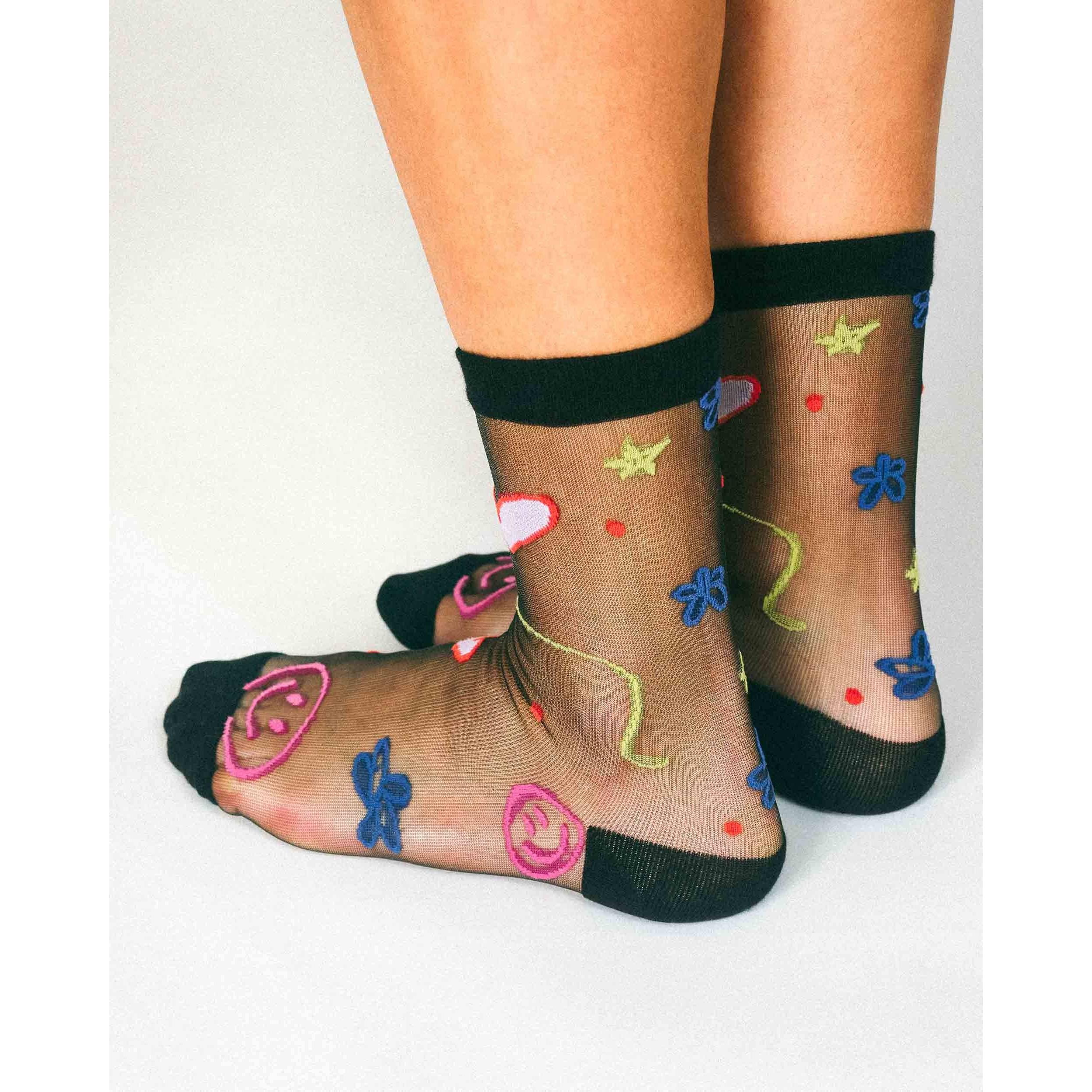 Happy Doodles Sheer Crew Socks by Hannah Packer | Women's Black Lightweight Graphic Socks - Image 4