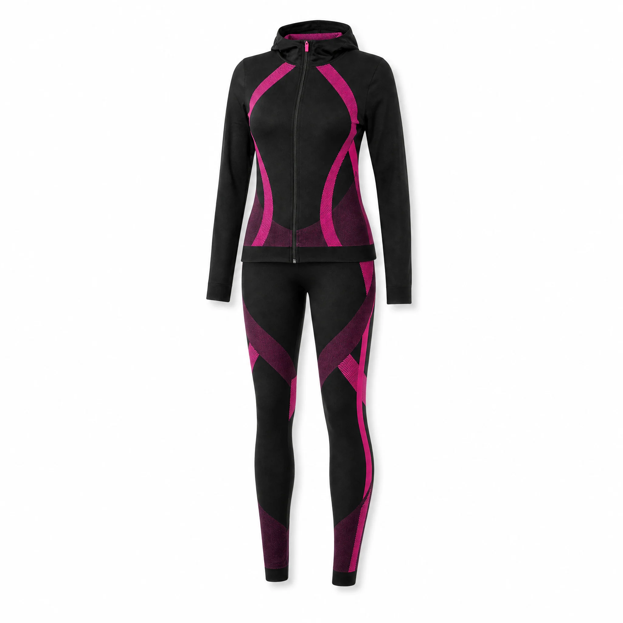 Two Piece Active Zip Up Hooded Jacket + Leggings Set in Fuchsia - One Size S/M - Image 2