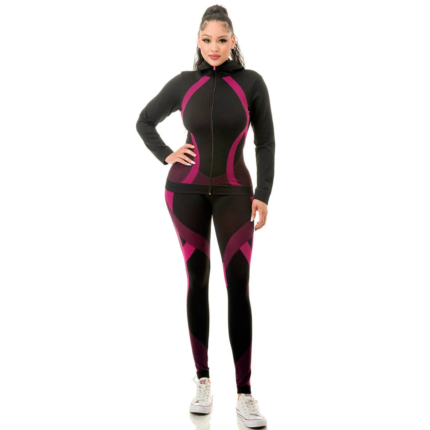 Two Piece Active Zip Up Hooded Jacket + Leggings Set in Fuchsia - One Size S/M - Image 3