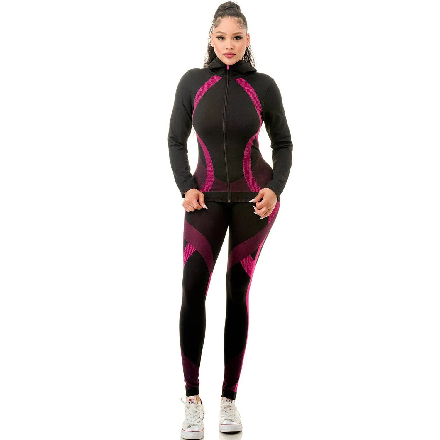 Two Piece Active Zip Up Hooded Jacket + Leggings Set in Fuchsia - One Size S/M - Image 5