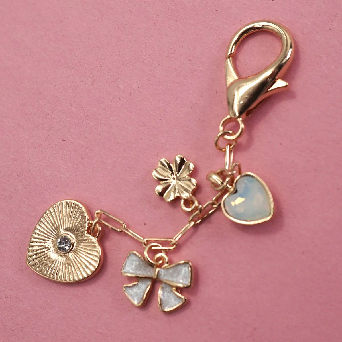 Heart Coquettecore Bow Clover Stone Bag Charm in Gold Plating | Keychain Purse Accessories | 6" Long