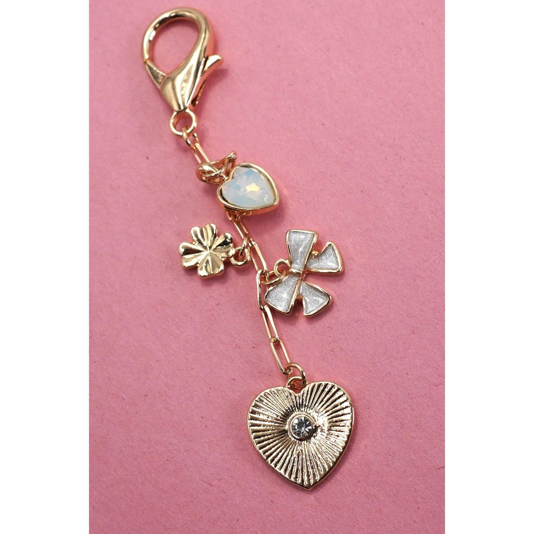 Heart Coquettecore Bow Clover Stone Bag Charm in Gold Plating | Keychain Purse Accessories | 6" Long - Image 2