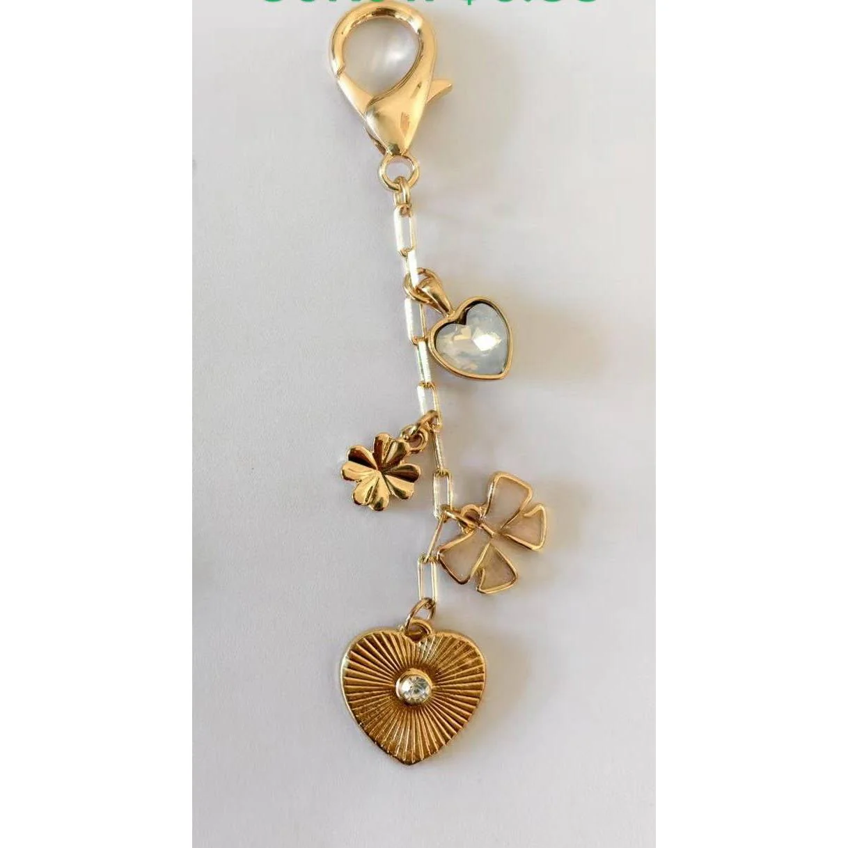 Heart Coquettecore Bow Clover Stone Bag Charm in Gold Plating | Keychain Purse Accessories | 6" Long - Image 3