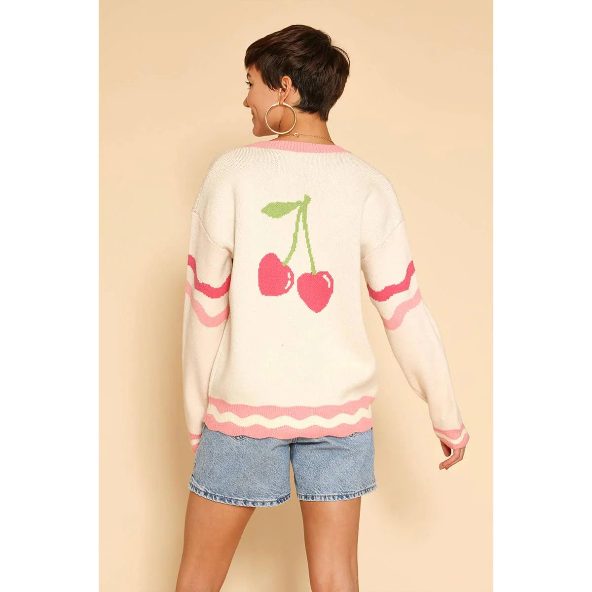 Heart Cherry Varsity Knit Cardigan in Cream and Pink [Available in S-XL] - Image 2