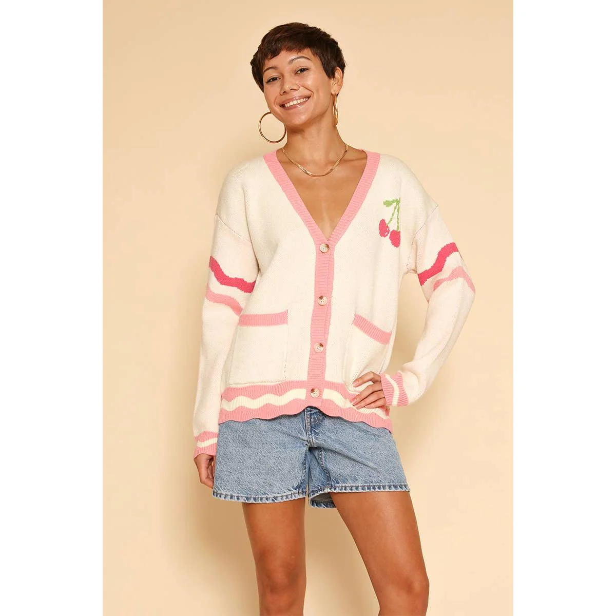 Heart Cherry Varsity Knit Cardigan in Cream and Pink [Available in S-XL] - Image 3