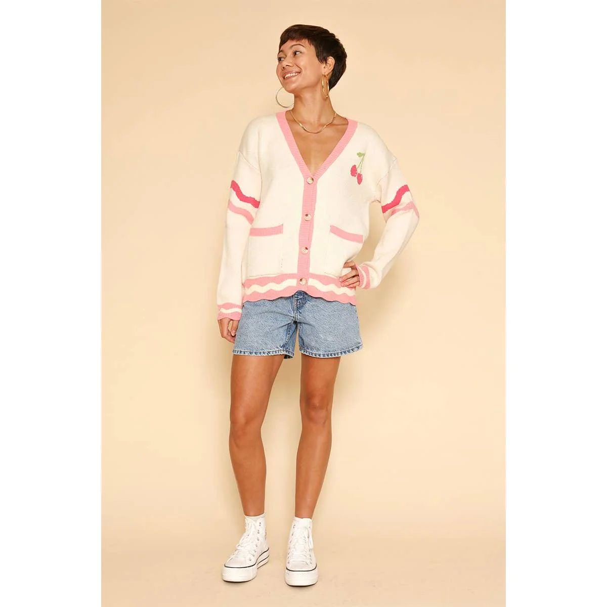 Heart Cherry Varsity Knit Cardigan in Cream and Pink [Available in S-XL] - Image 4