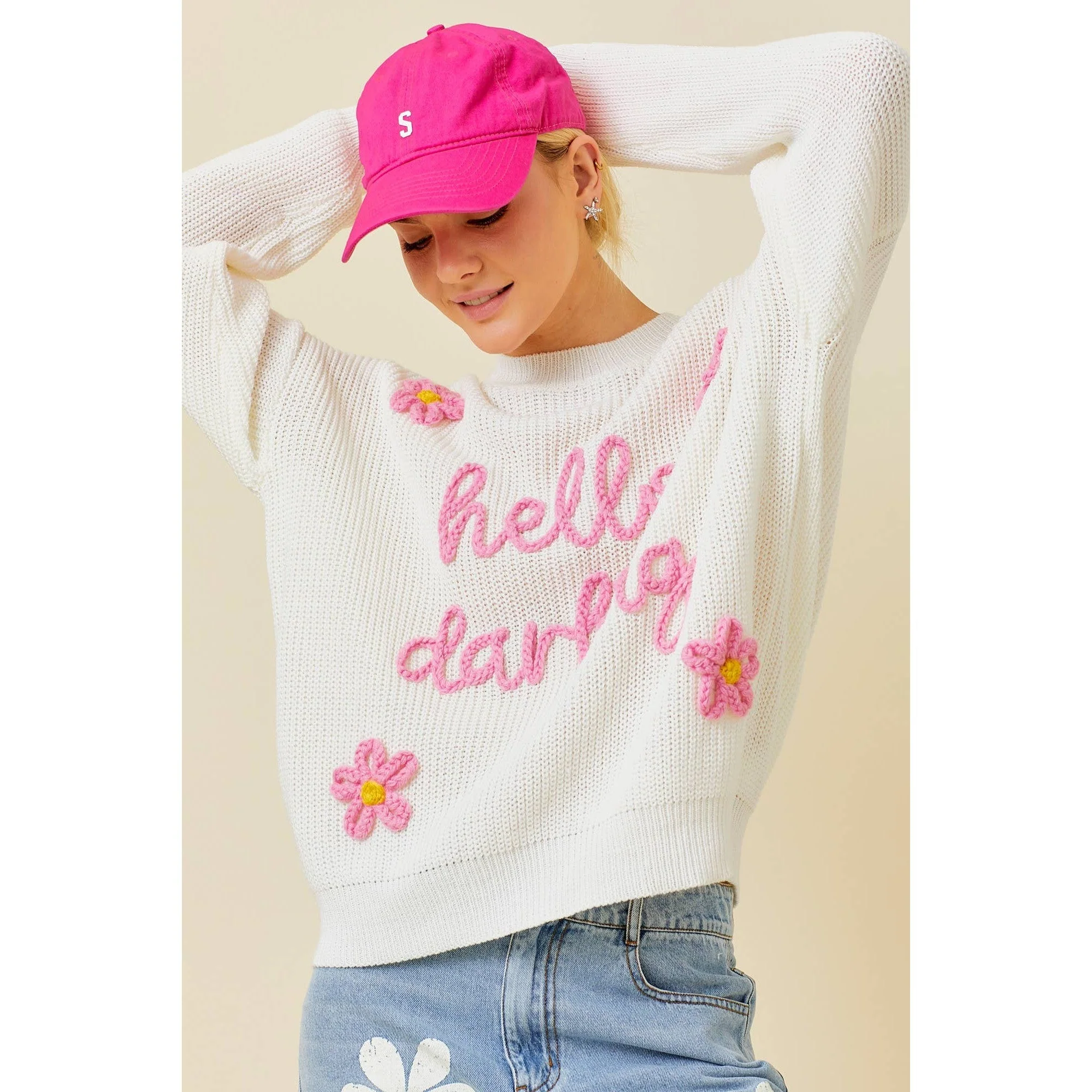 Hello Darling Flower Trim Sweater | Comfy Vintage Knit Sweatshirt [Size SM Remaining] - Image 3