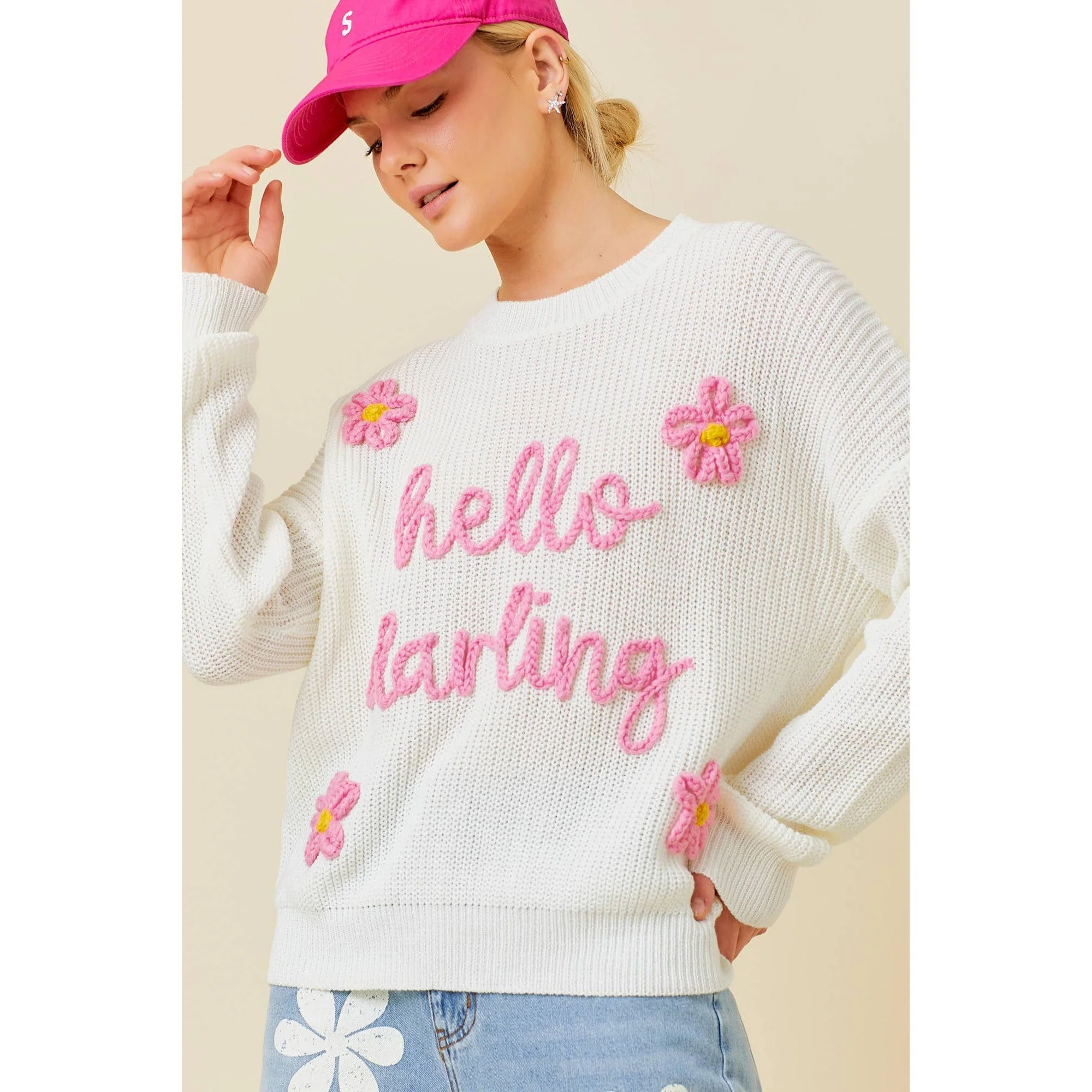 Hello Darling Flower Trim Sweater | Comfy Vintage Knit Sweatshirt [Size SM Remaining] - Image 5