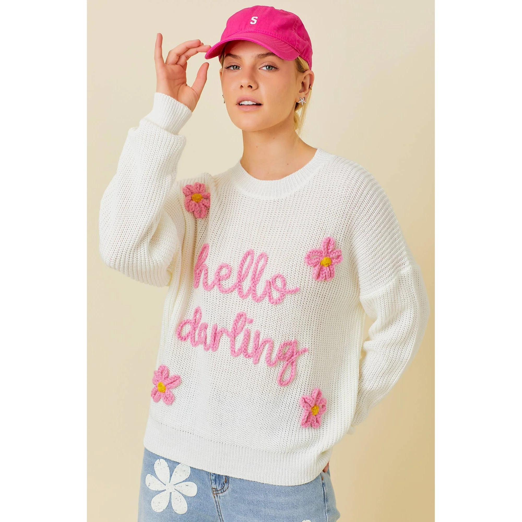 Hello Darling Flower Trim Sweater | Comfy Vintage Knit Sweatshirt [Size SM Remaining] - Image 6