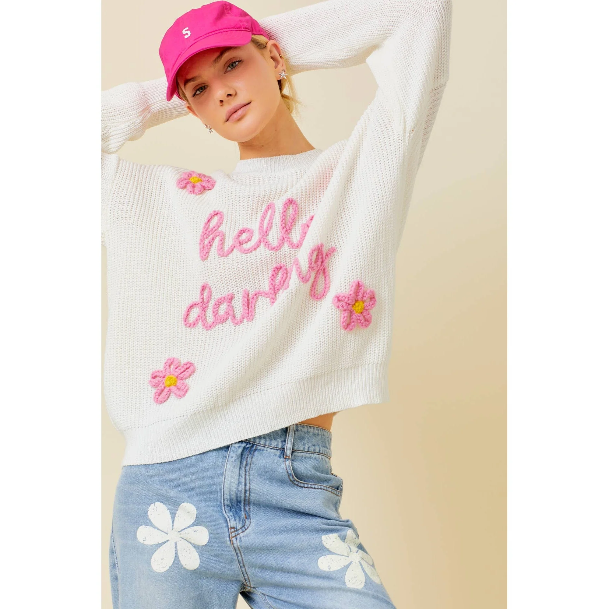 Hello Darling Flower Trim Sweater | Comfy Vintage Knit Sweatshirt [Size SM Remaining] - Image 8