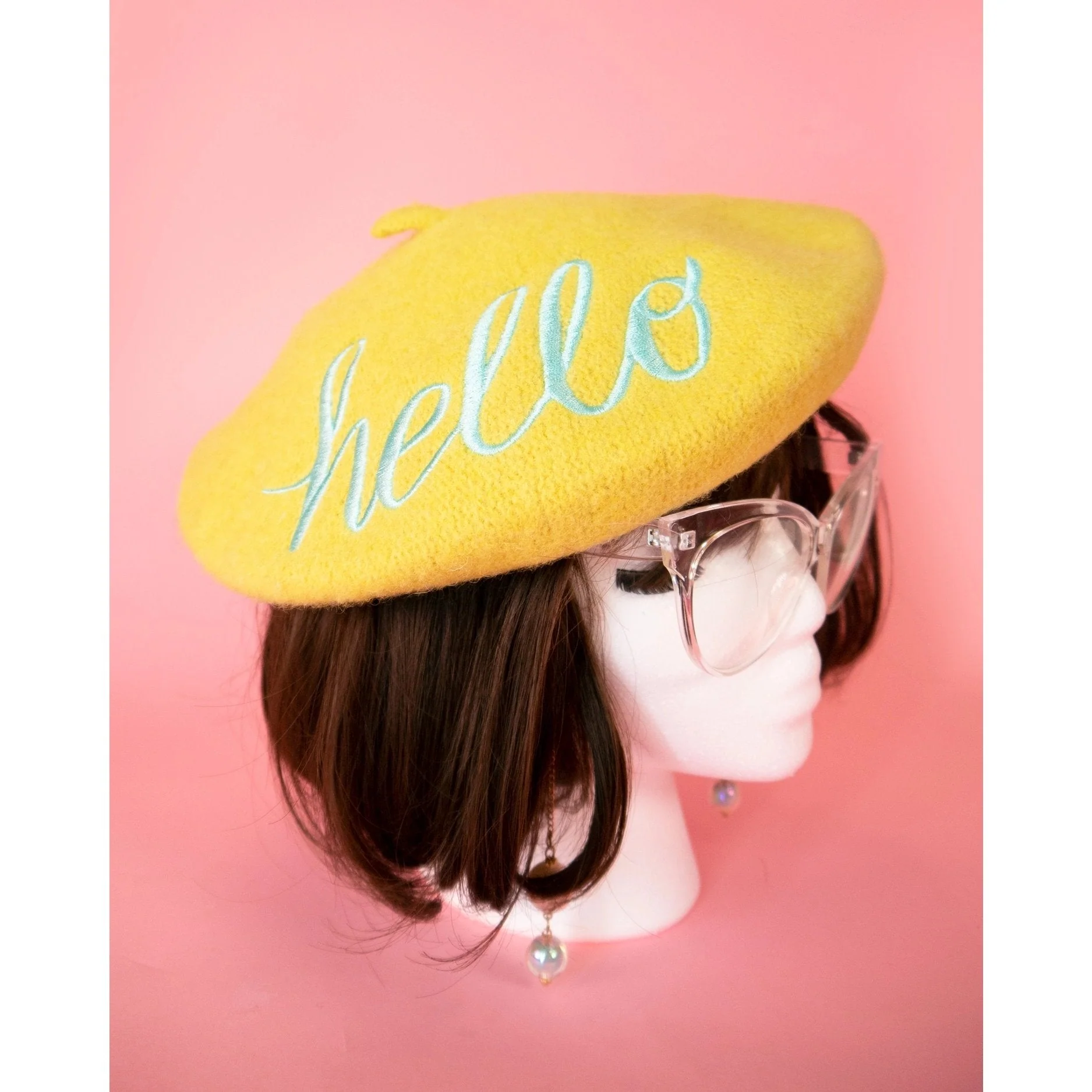 Hello Embroidered Beret in Yellow - Image 2