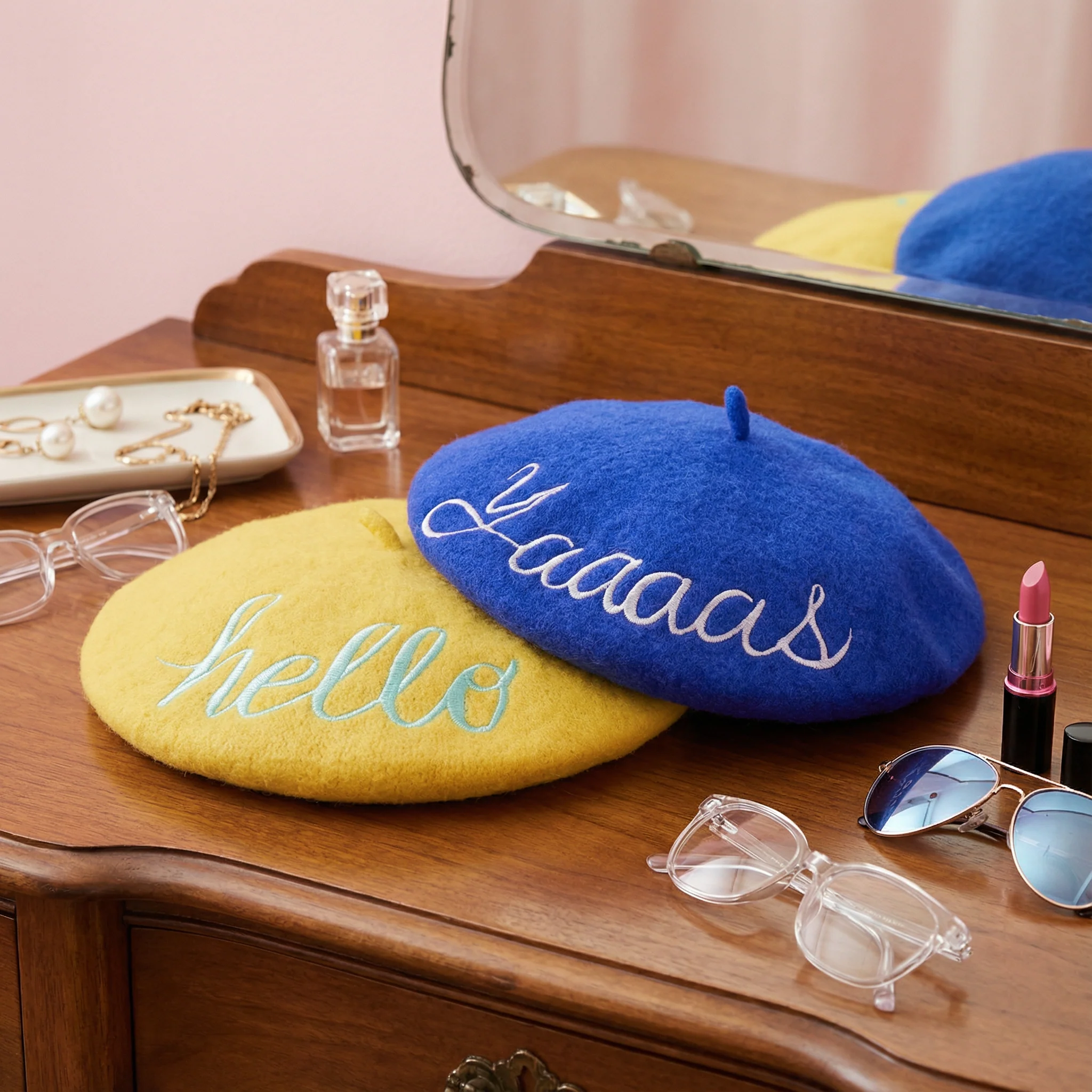 Hello Embroidered Beret in Yellow - Image 3