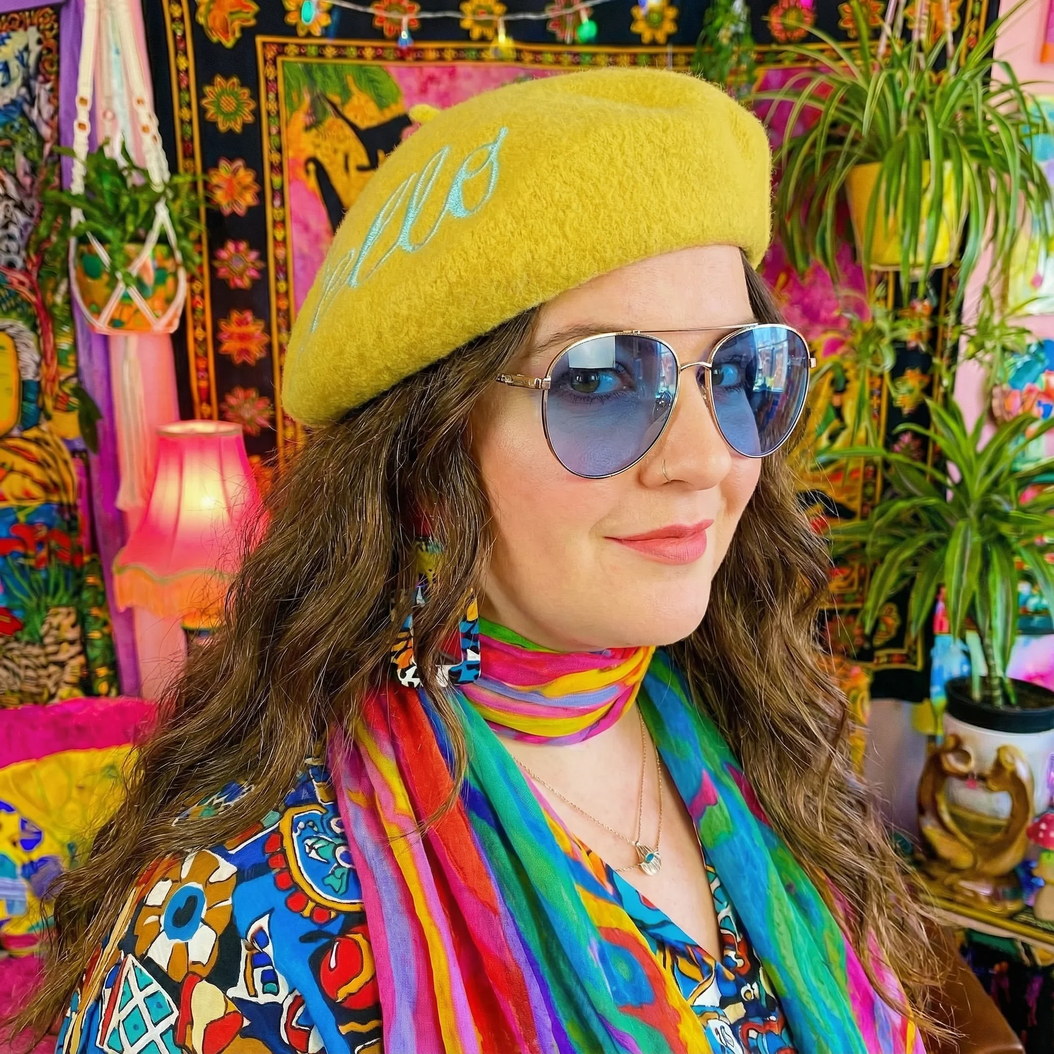 Hello Embroidered Beret in Yellow - Image 4