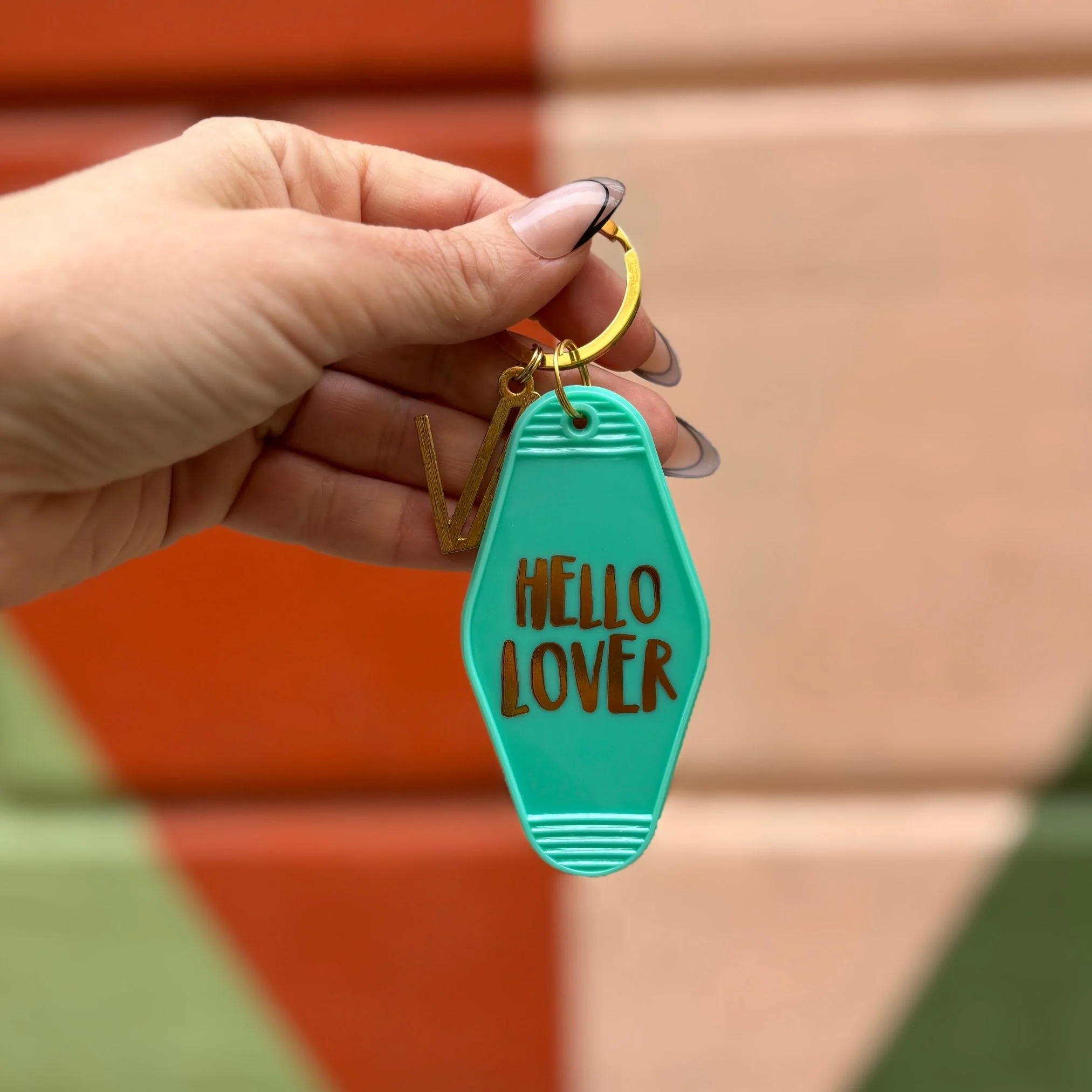Hello Lover Motel Key Tag in Teal | Acrylic with Gold Accents - Image 2