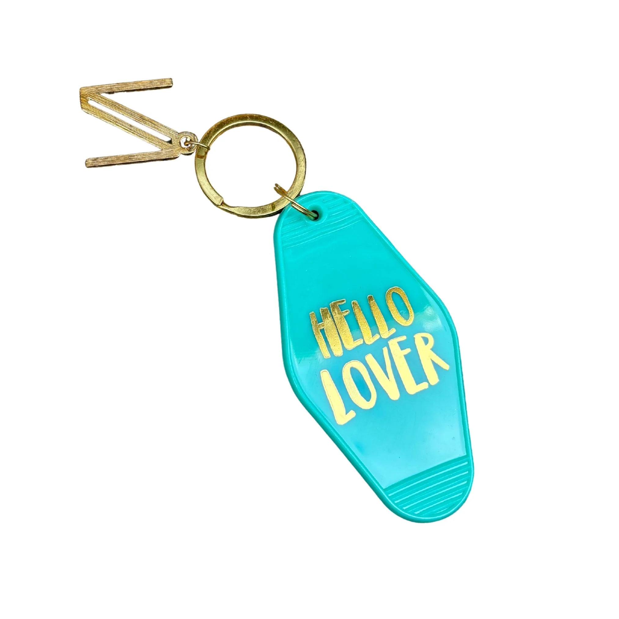 Hello Lover Motel Key Tag in Teal | Acrylic with Gold Accents - Image 4