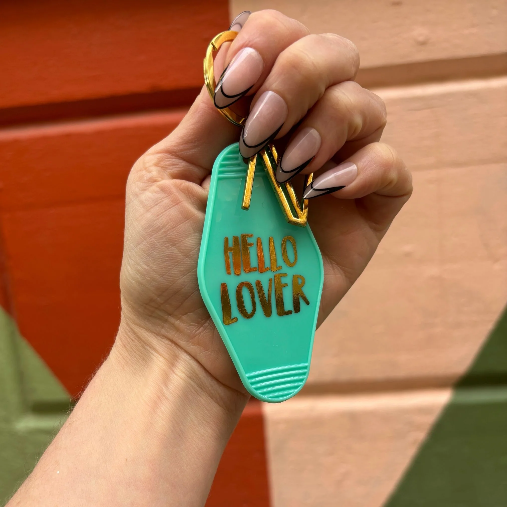 Hello Lover Motel Key Tag in Teal | Acrylic with Gold Accents - Image 7