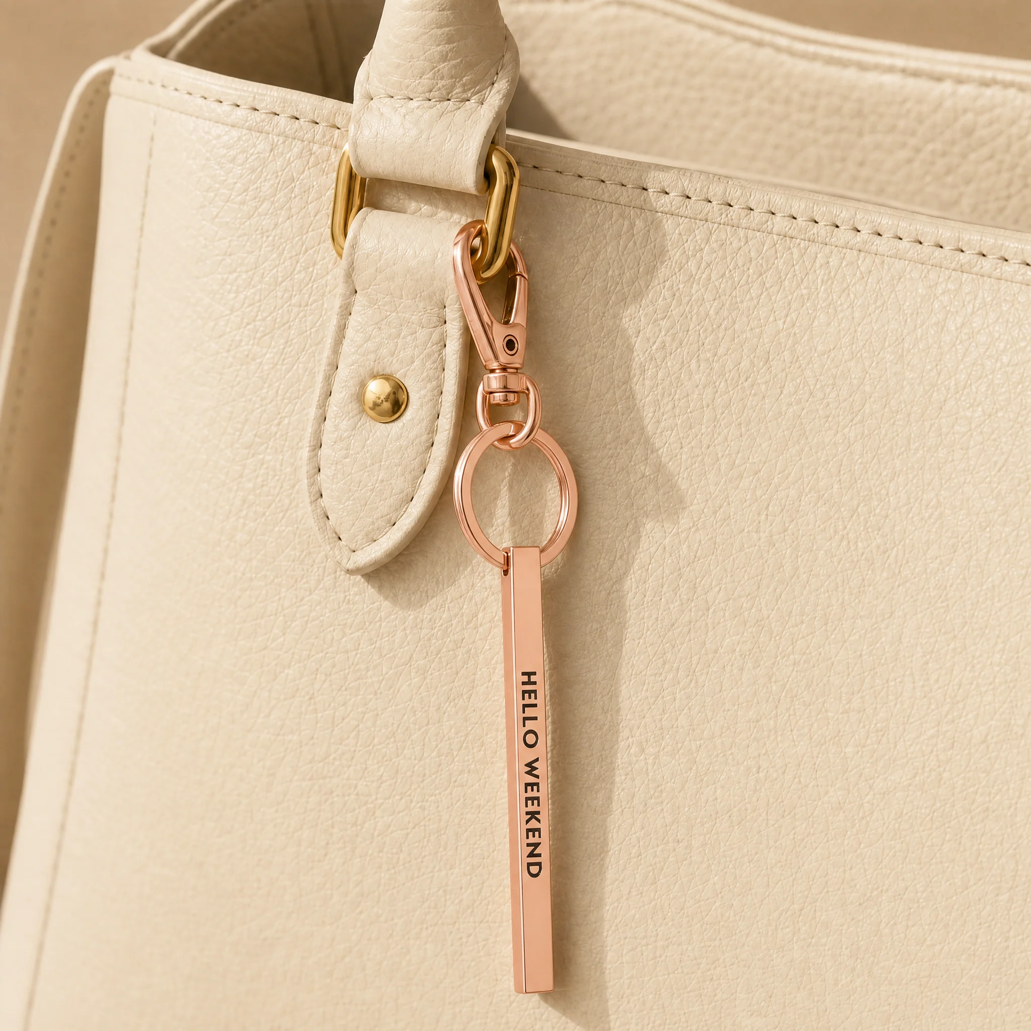 Hello Weekend Stamped Bar Keychain in Rose Gold | Minimalist Metal Quote Keychain - Image 3