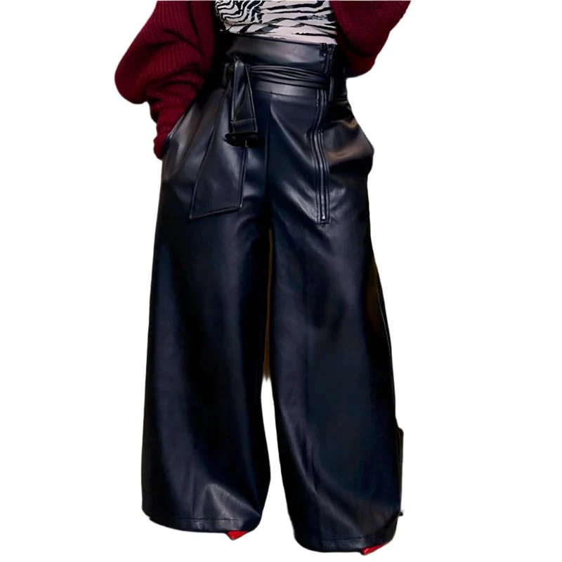 [Size 2X Remaining] Faux Leather High Waisted Wide Leg Belted Solid Color Zipper Pants Trousers in Black - Image 2