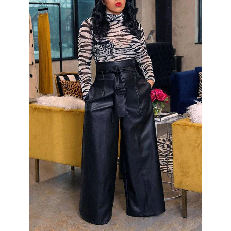 [Size 2X Remaining] Faux Leather High Waisted Wide Leg Belted Solid Color Zipper Pants Trousers in Black - Image 5