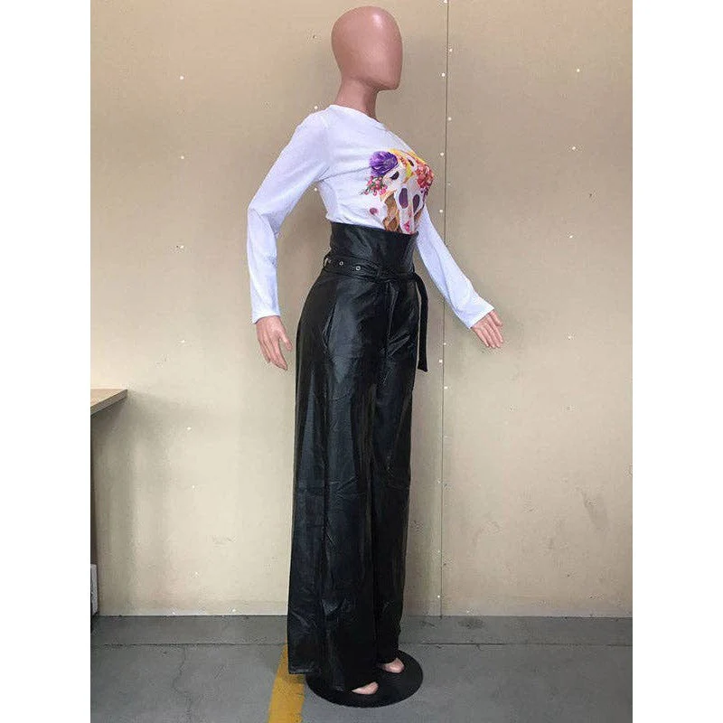 [Size 2X Remaining] Faux Leather High Waisted Wide Leg Belted Solid Color Zipper Pants Trousers in Black - Image 6