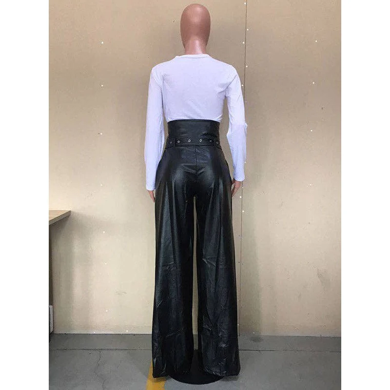 [Size 2X Remaining] Faux Leather High Waisted Wide Leg Belted Solid Color Zipper Pants Trousers in Black - Image 7