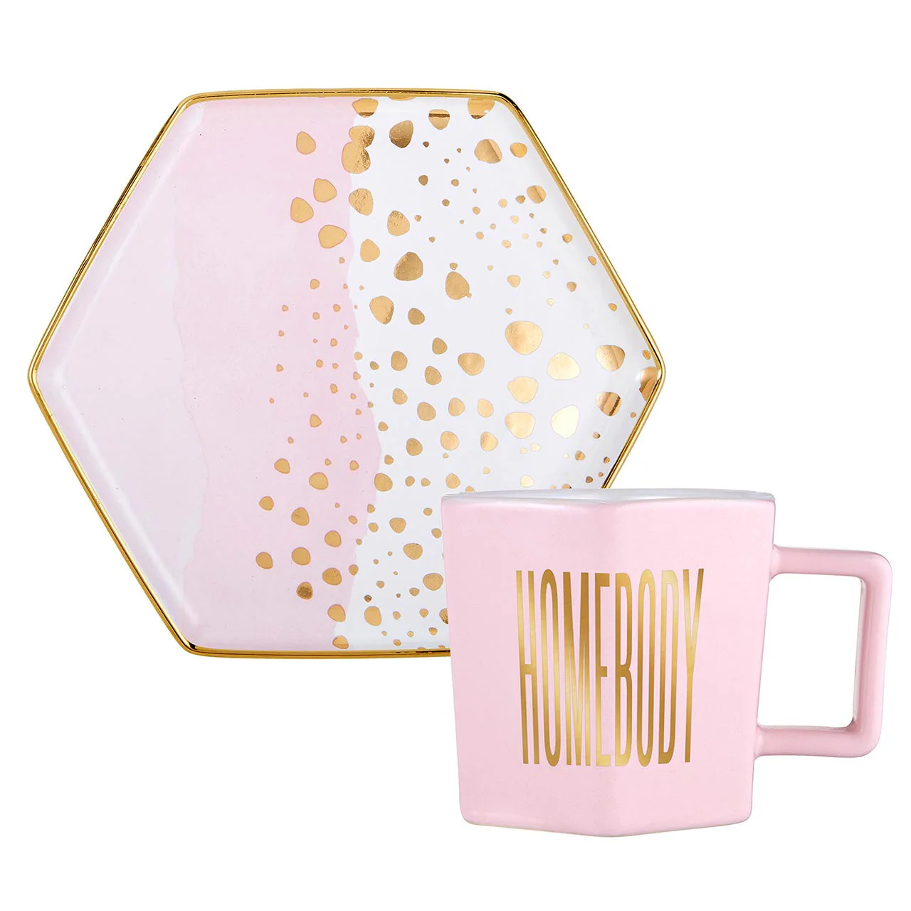 Homebody Hexagon Mug and Saucer Set in Pink with Gold Dot Pattern - Image 3