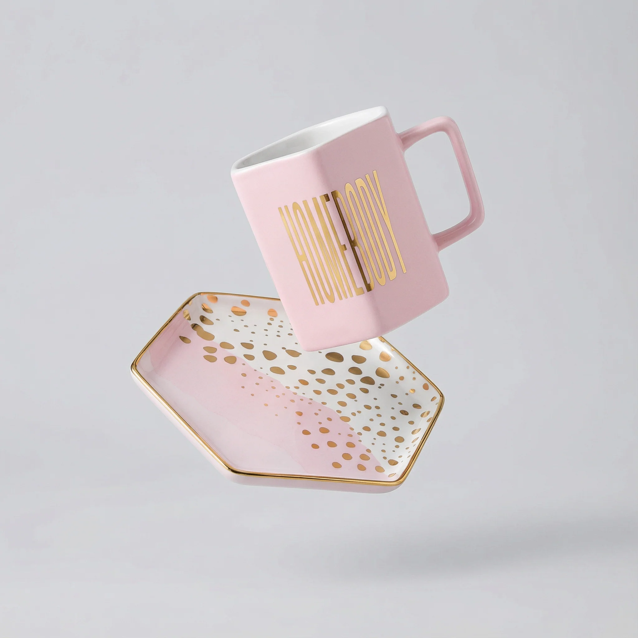 Homebody Hexagon Mug and Saucer Set in Pink with Gold Dot Pattern - Image 7