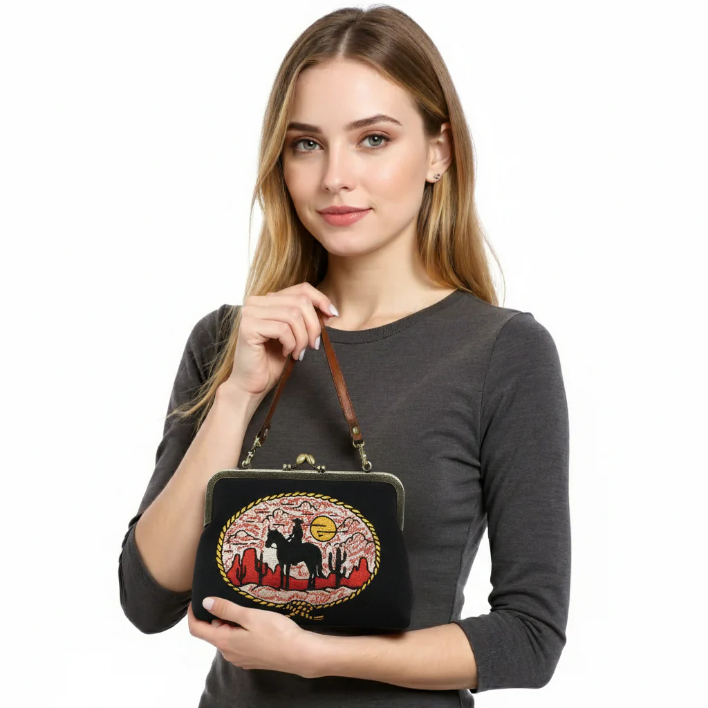 Howdy Cow Girl on Horse Kiss Lock Bag | Western Vintage Detachable Strap Purse - Image 4
