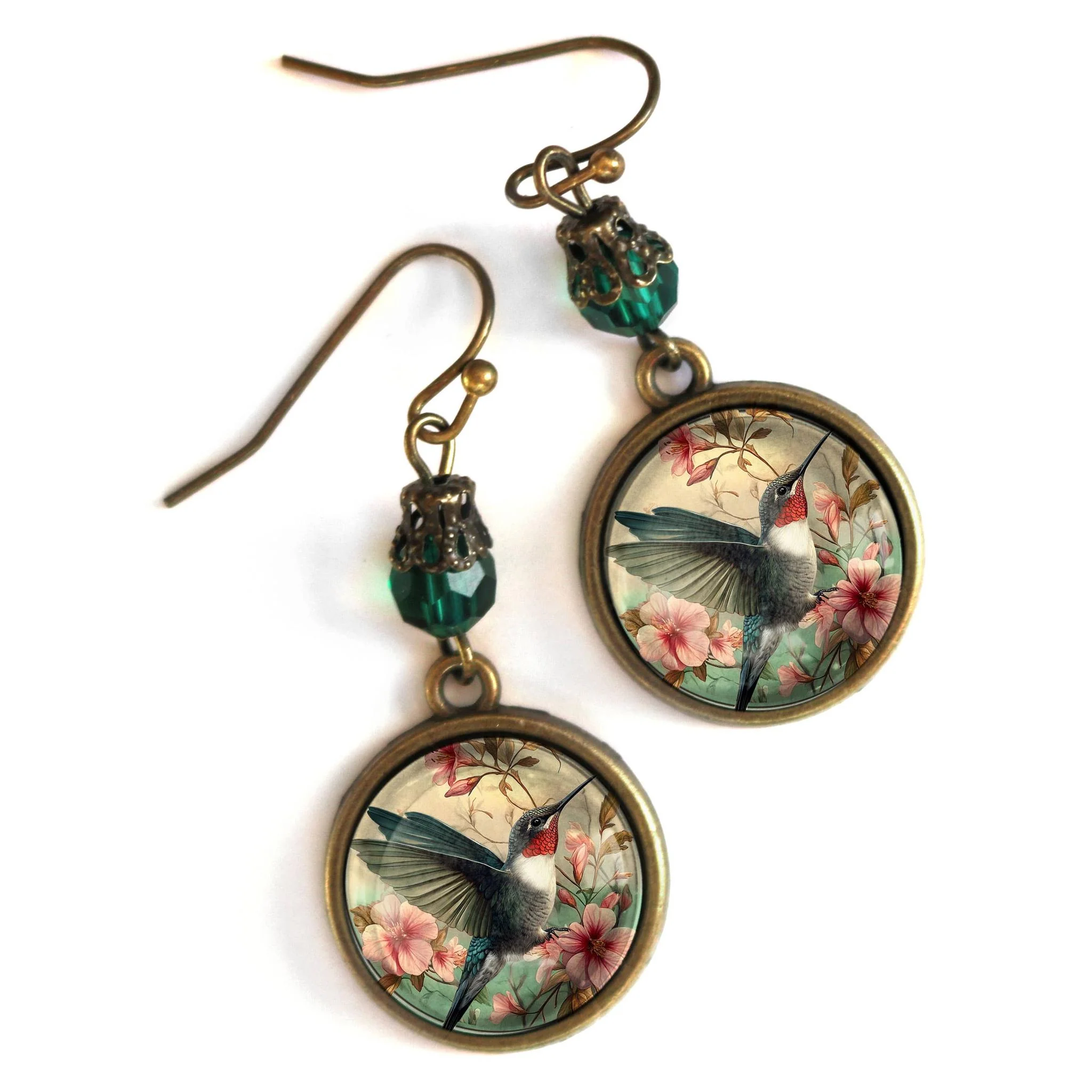 Hummingbird Art Nouveau Glass Cabochon Earrings | Antique Bronze Floral Dangle Jewelry - Image 2