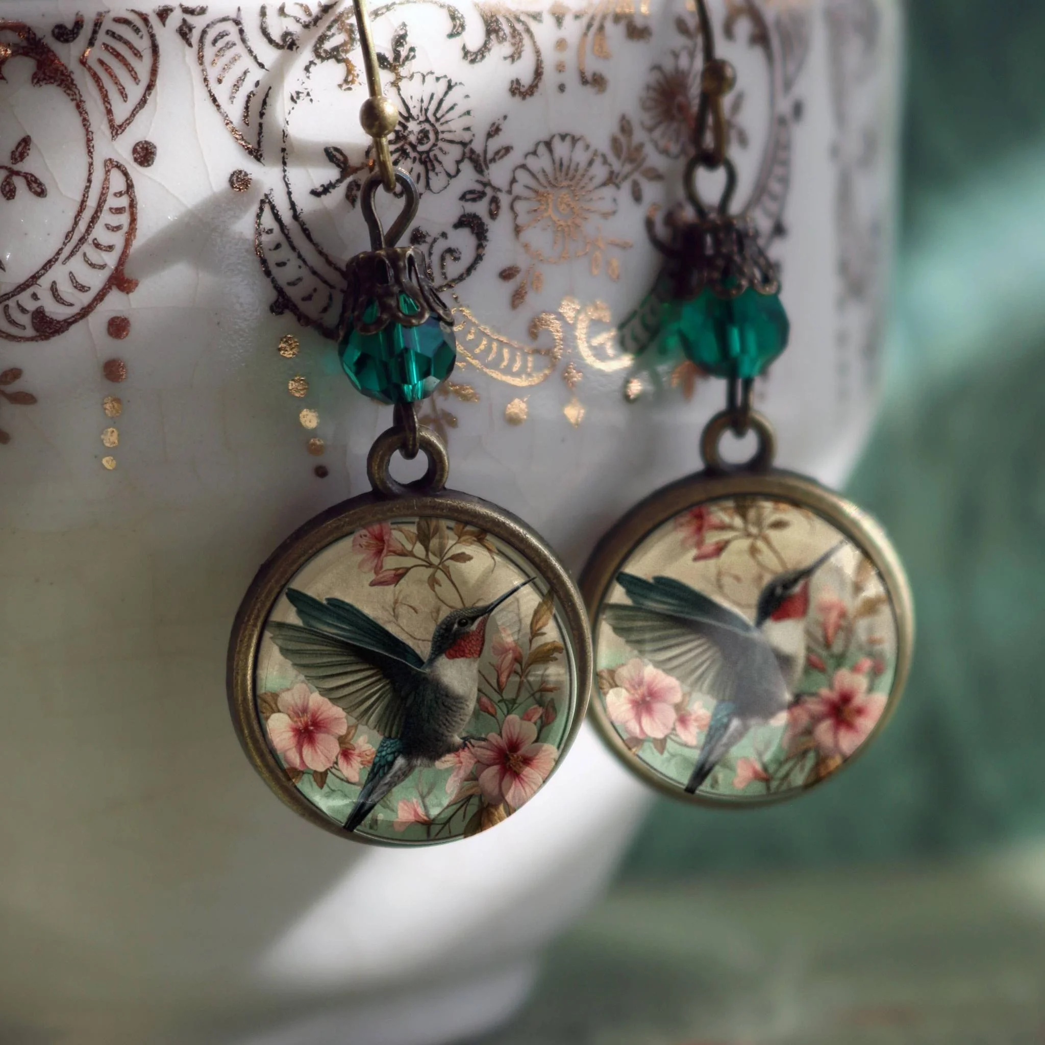 Hummingbird Art Nouveau Glass Cabochon Earrings | Antique Bronze Floral Dangle Jewelry - Image 3