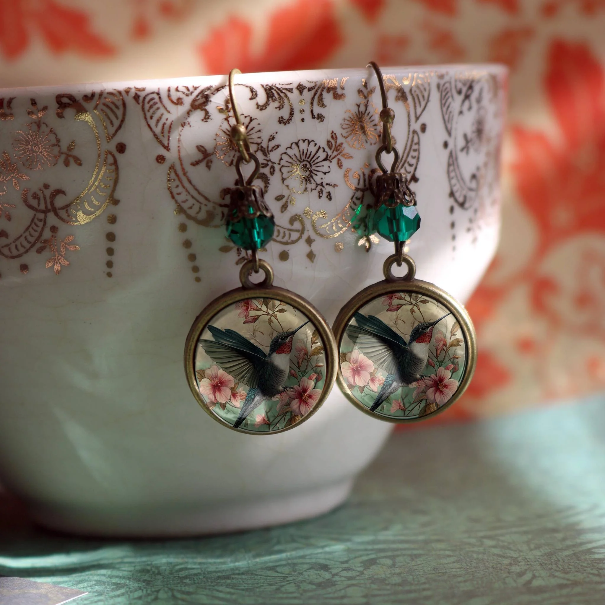 Hummingbird Art Nouveau Glass Cabochon Earrings | Antique Bronze Floral Dangle Jewelry - Image 4